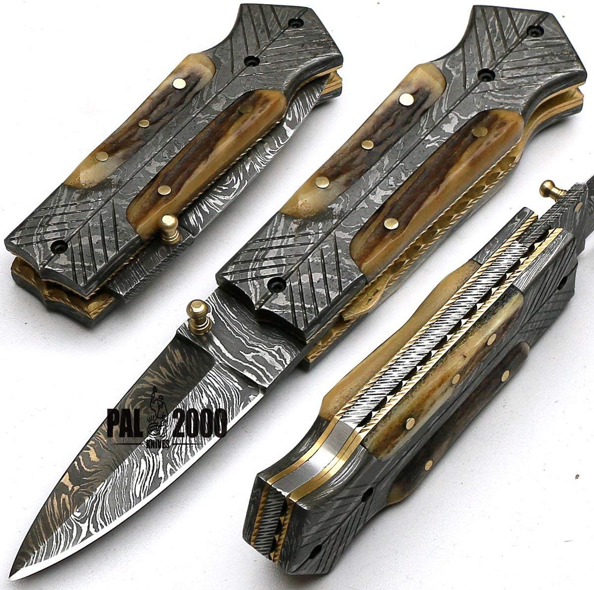 PAL 2000 KNIVES Custom Handmade Damascus Steel 7 Inches Folding Pocket Knife - Stag Handle with Sheath 8897