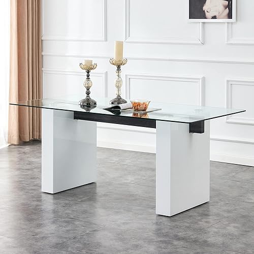 FURNITO Mesa de comedor de vidrio de 71 pulgadas para 6 a 8,0,39 pulgadas de superficie de vidrio grueso con mesa de comedor de pedestal de MDF