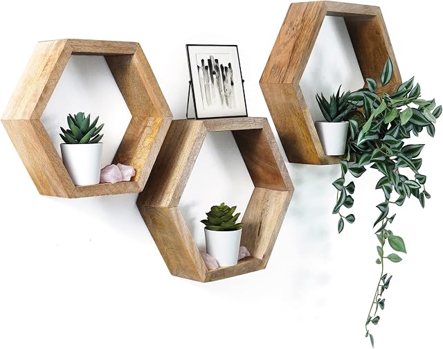 Handmade Wooden Hexagon Shelves  Rustic Floating Shelves - Honeycomb Shelves - 3 Shelf Set for Displaying Wall Decorations for Bedrooms, Living Room Decor & Decorative Home Accessories