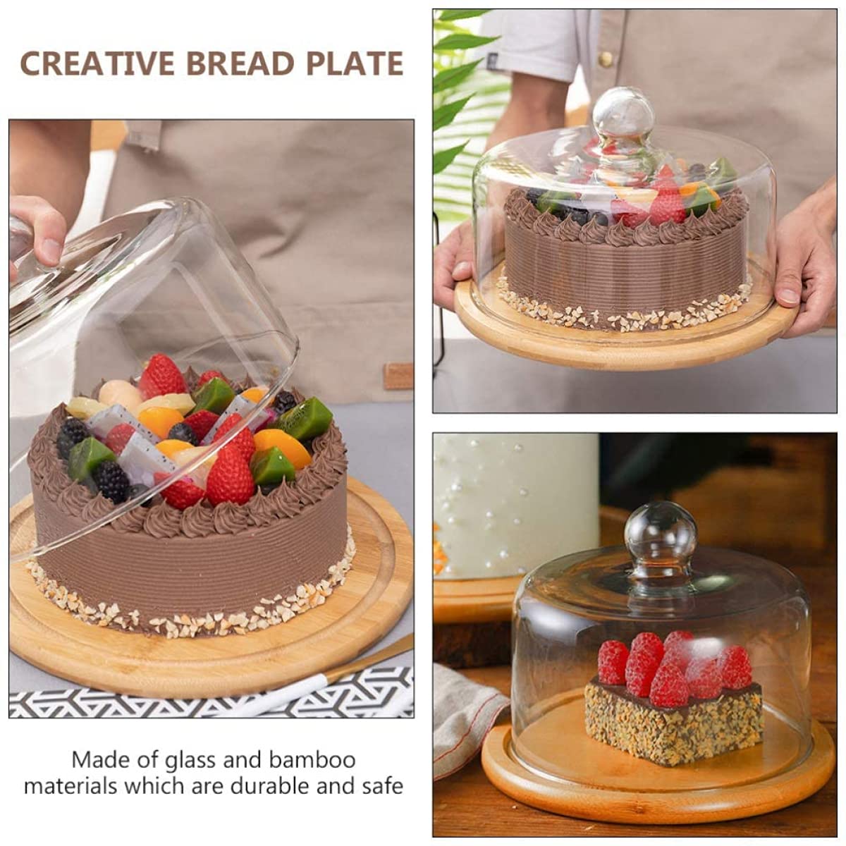 Cúpula de cristal para tartas con plato de bambú para servir, 21 x 21 x 15,7 cm, perfecta para queso, pasteles y postres, elegante solución de exhibición y almacenamiento de alimentos