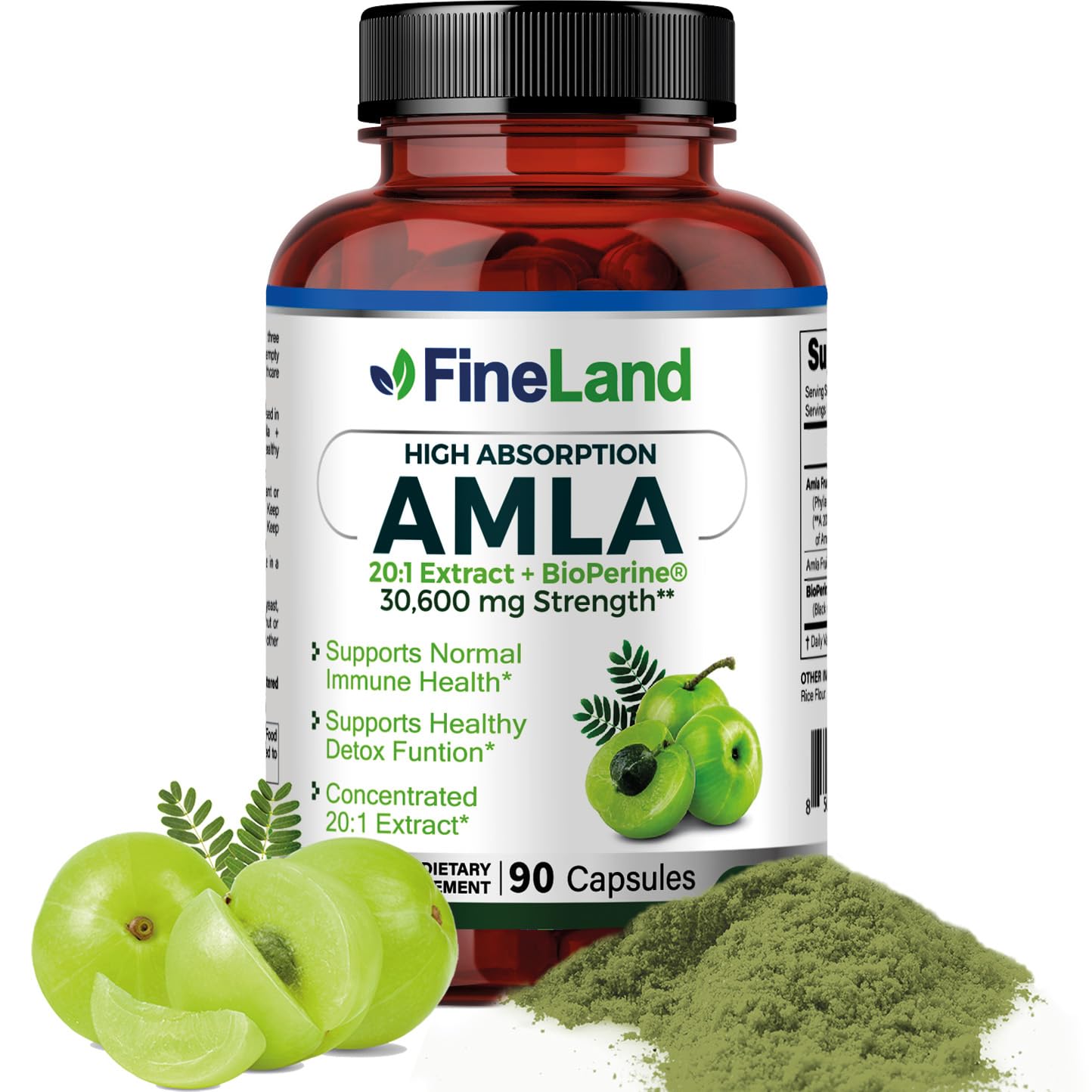 FineLand Amla (Indian Gooseberry) 20X Full Spectrum Extract – 30,600mg Equivalent per Serving with BioPerine® for Absorption, Rich in Natural Vitamin C, Immune & Digestive Support – 90 Vegan Capsules
