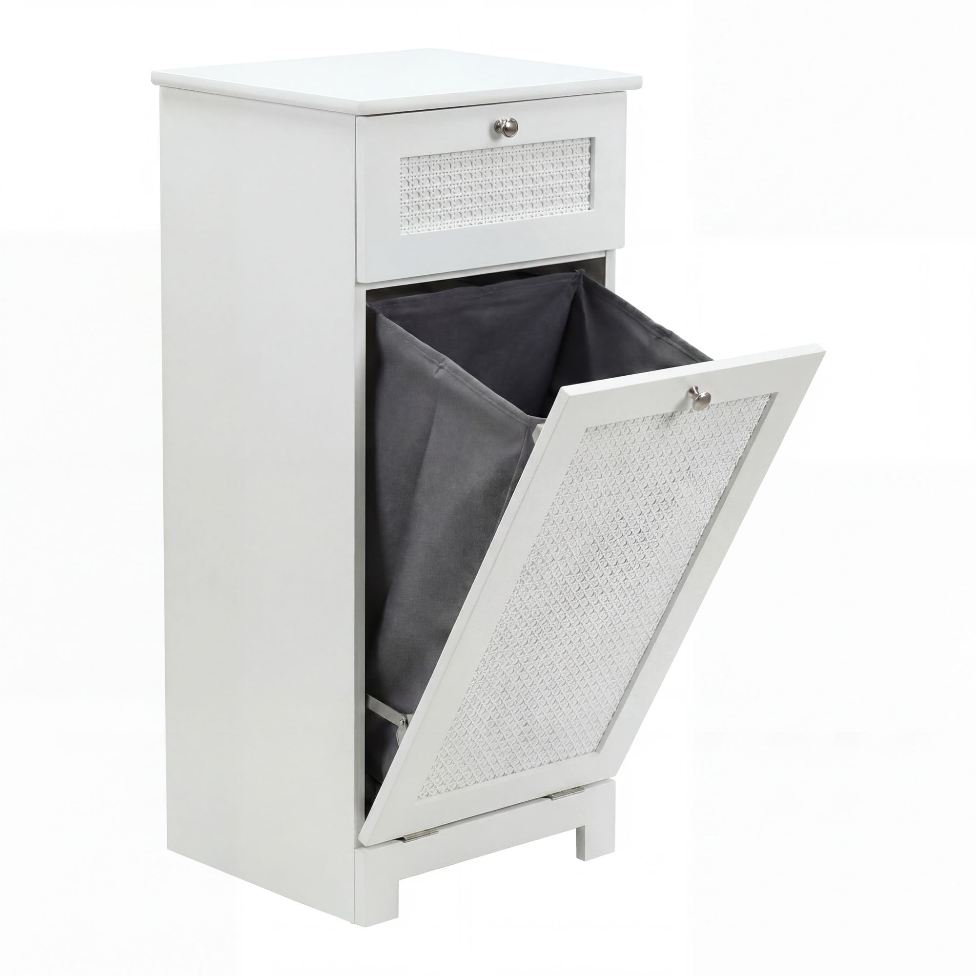 FineBuy Szafka na pranie Biała 38x90x40 cm Rattan Plecionka Szafka wnękowa Łazienka - Wąski kosz na pranie z drzwiami uchylnymi i szufladą - Szafka łazienkowa Pojemnik na pranie