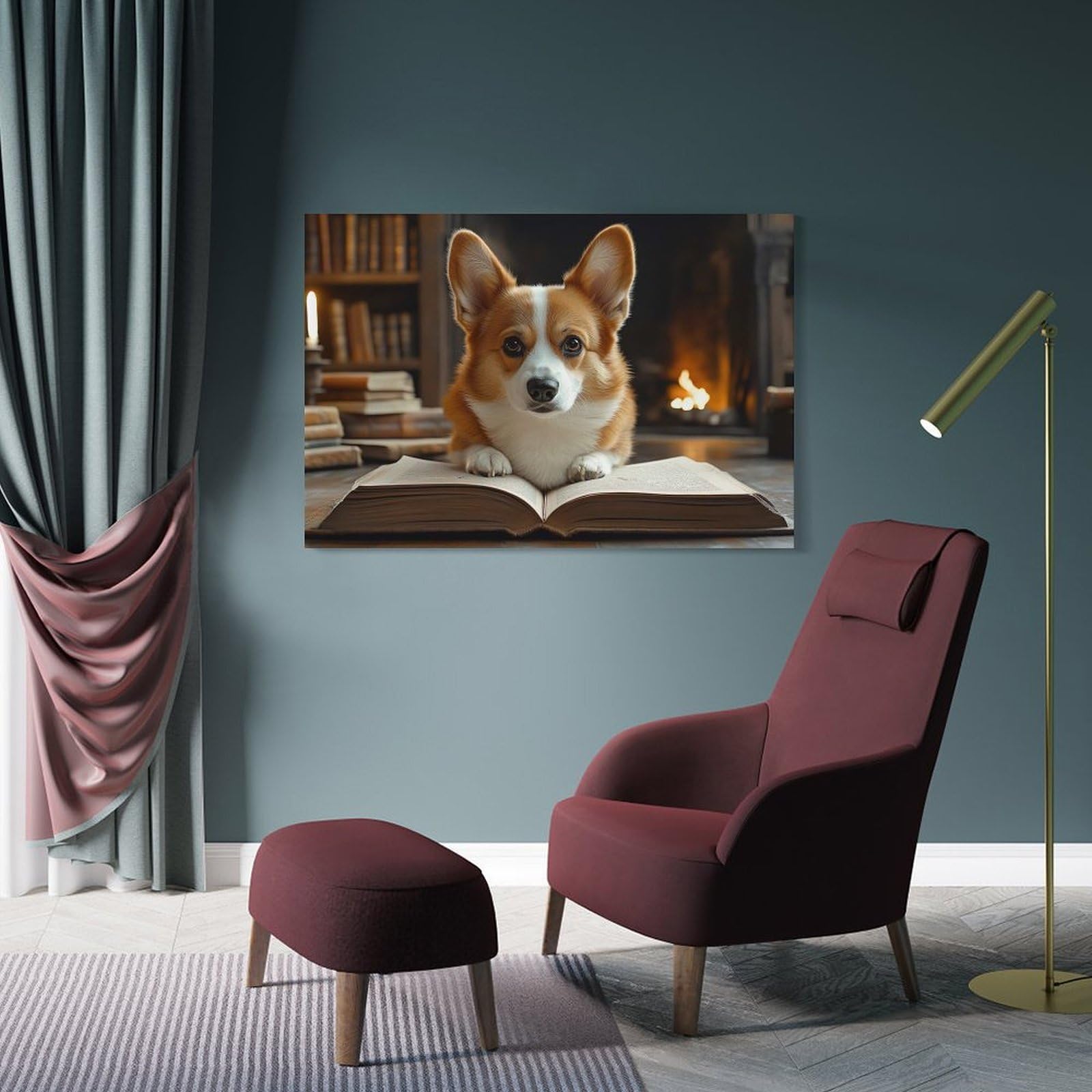 Junmoney Corgi Reading Book by Fireplace Home Decor Wall Art 24x36inch(60x90cm), for Hallway, Bedroom Or Modern Interiors, Canvas Artwork with Gifting Potential