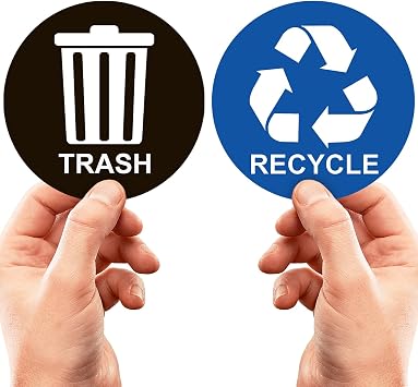ASSURED SIGNS Recycle Stickers for Trash Bins - 2 Pack 5 Inch Round Labels | Eliminates Confusion, Saves Time, Trash & Recycling Labels, Premium Vinyl, Weatherproof & UV Protection, Indoor Outdoor