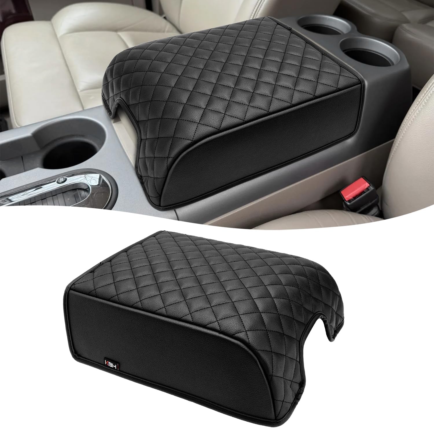 KBH Center Console Armrest Cover for F150 2004-2014, Ford Expedition 2007-2017, Lincoln Mark LT 2006-2008, Middle Console Lid Protector, Vinyl Leather, Black (Fits Bucket Seat Console Only)