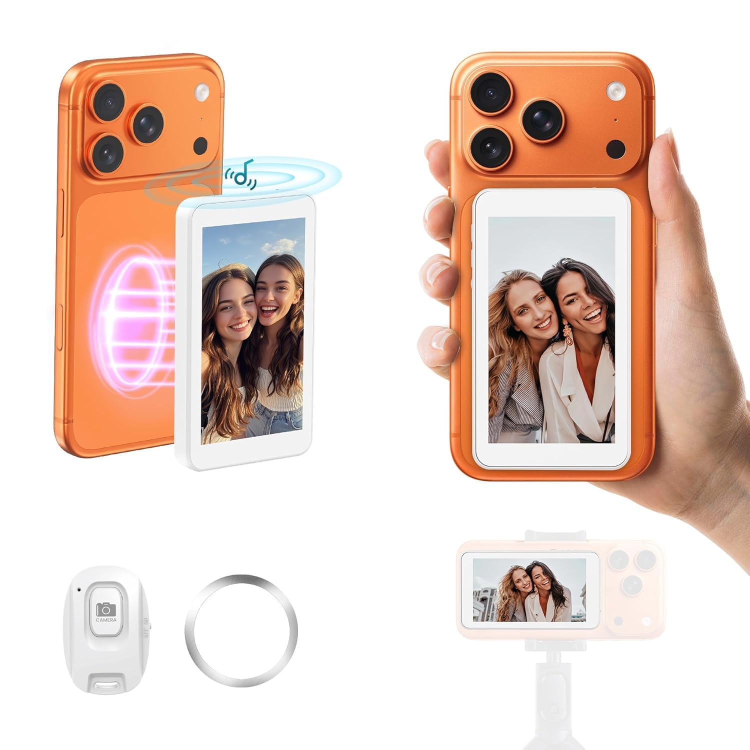 Vlog Selfie Monitor Screen for iPhone & Android, Audio Sync Built-in Speaker, Wireless Magnetic Phone Back Camera Monitor with Remote Control for Selfie Vlog Live Stream TikTok (White)-picture-22