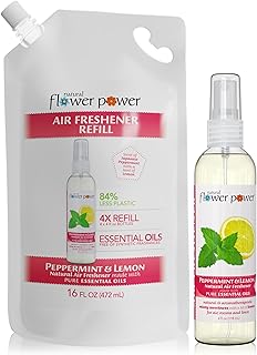 Natural Flower Power Air Freshener Spray Refills - Odor Eliminator w/Essential Oils - Home, Car & Fabric - Cruelty Free & Vegan – Peppermint & Lemon Spray 4 fl oz + Refill 16 fl oz Combo