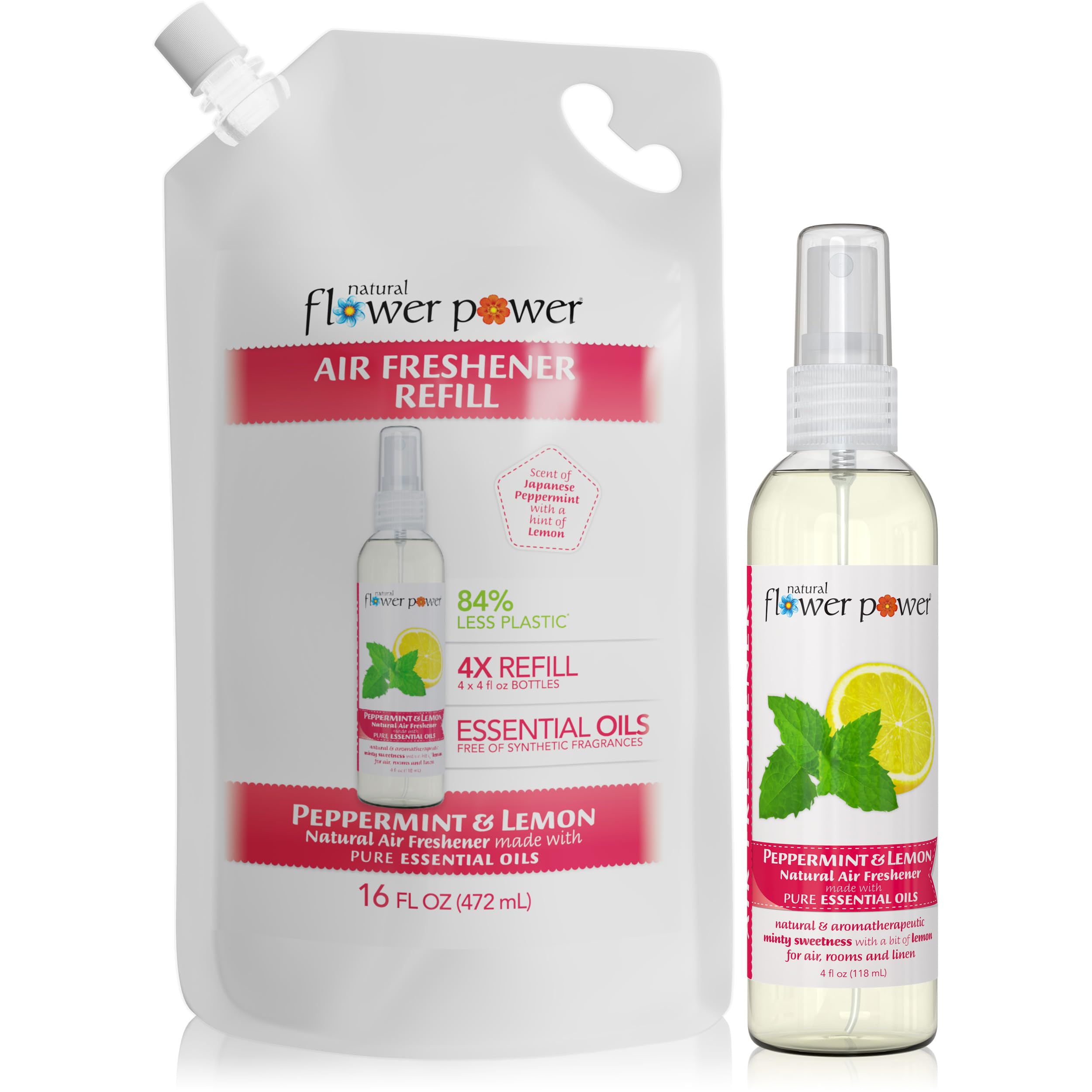 Natural Flower Power Air Freshener Spray Refills - Odor Eliminator w/Essential Oils - Home, Car &amp; Fabric - Cruelty Free &amp; Vegan – Peppermint &amp; Lemon Spray 4 fl oz + Refill 16 fl oz Combo