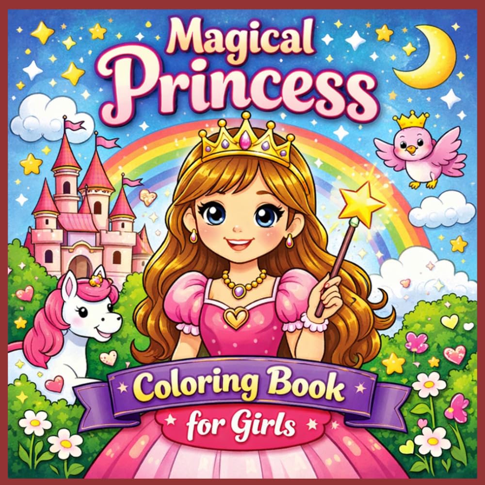 Magical Princess Coloring Book for Girls: Fun and Easy Coloring Pages with Cute Princesses, Fantasy Scenes, and Big Simple Designs for Relaxation