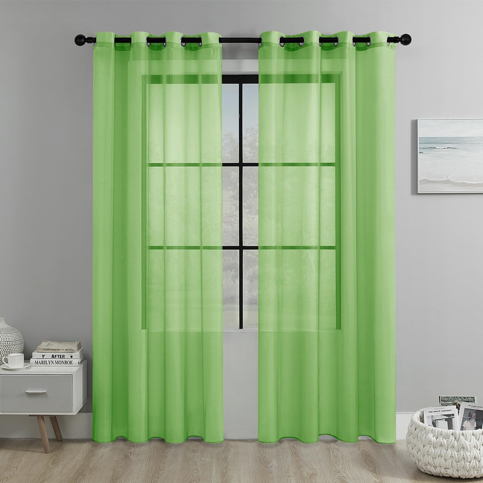 JIXINHEKEJI 2 Panels Sheer Curtains, Grommet Top Light Filtering Voile Drapes, Wrinkle Resistant Window Curtain For Bedroom Living Room(Size:100x200cm / 39"x79",Color:Green)