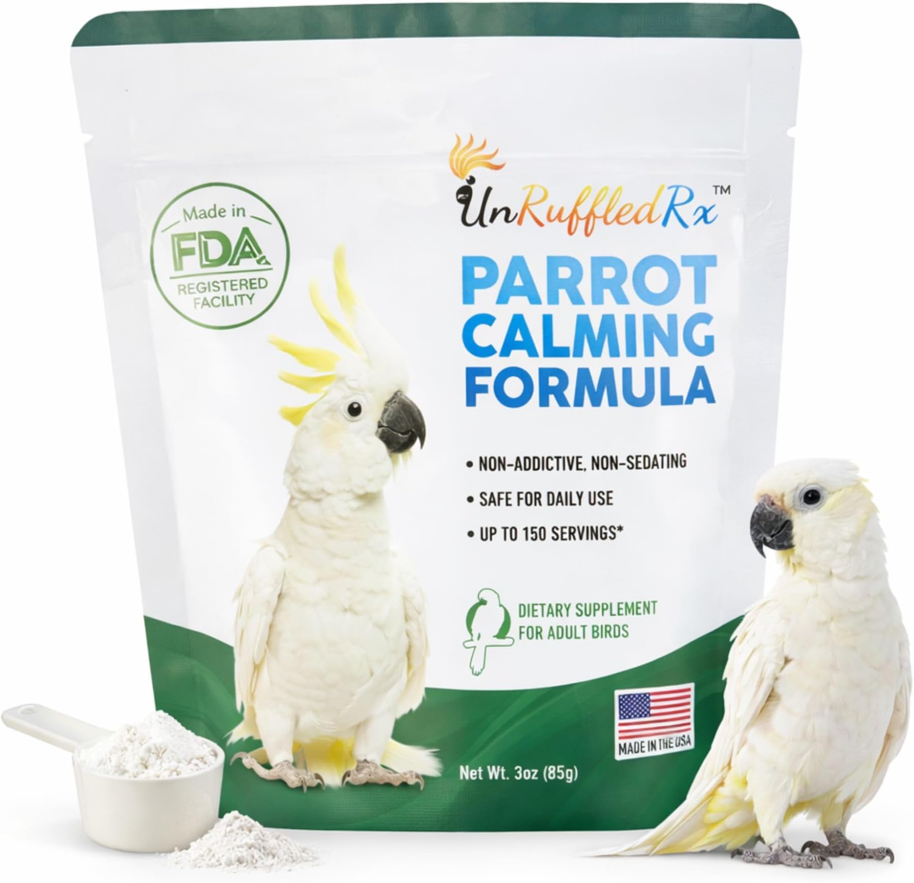 UnRuffledRx™ Calming Formula for Parrots – Bird Supplement that Supports Relaxation During Stressful Events Like Fireworks, Travel, and Visitors – 150 Servings – Made in USA