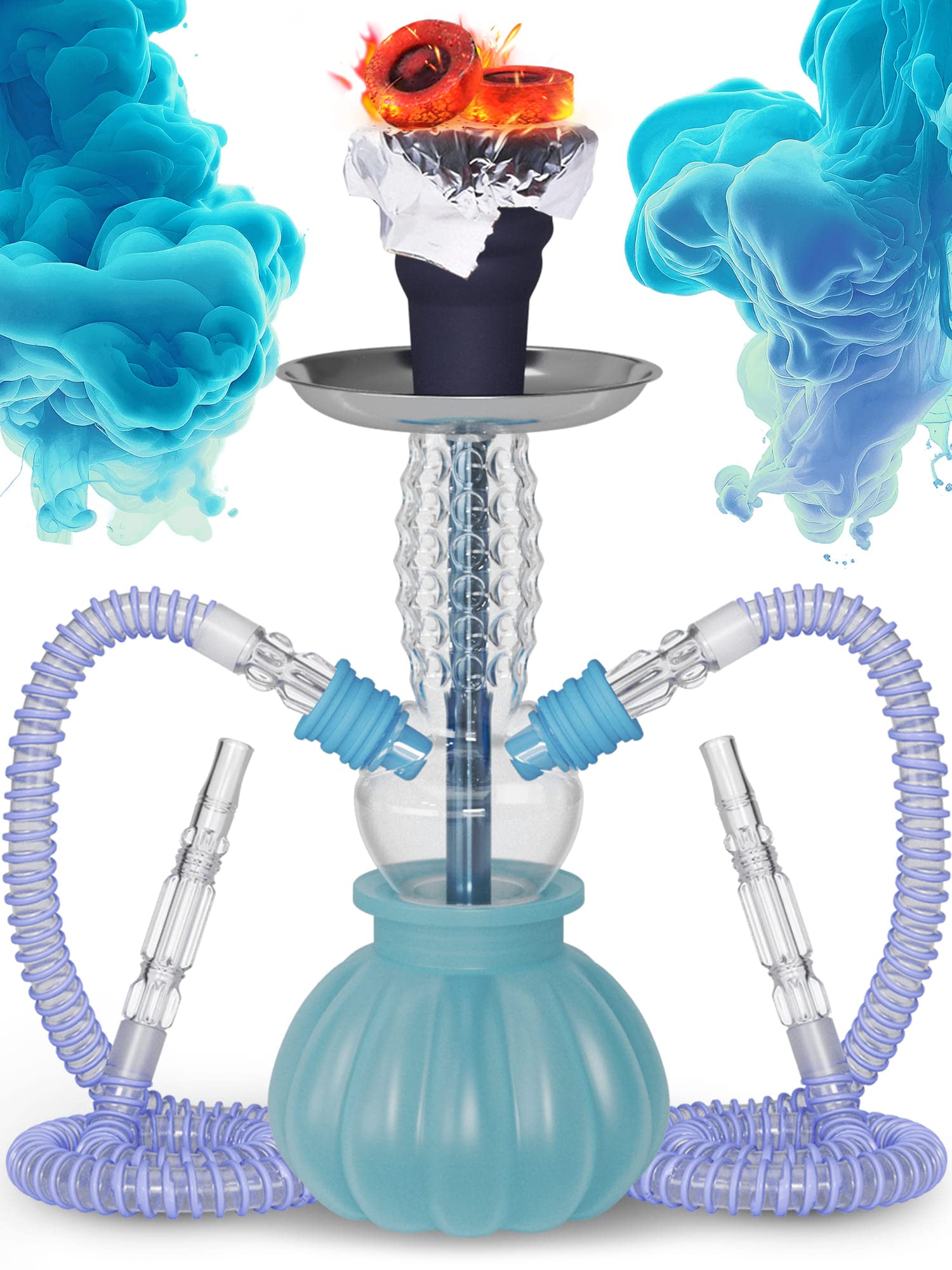 M. ROSENFELD Royal Blue Hookah Set 2 Hose Hookah – Picolo 12” Blue Mini Hookah 2 Hose Hookah Set with Silicone Hookah Bowl 2x Hookah Hose Blue 50x hookah foil with holes 10x hookah tips disposable & Tongs