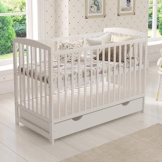 Love For Sleep JACOB Wooden Baby Cot Bed 120x60cm with Covered Drawer, Safety Wooden Barrier & Teething Rails (White)