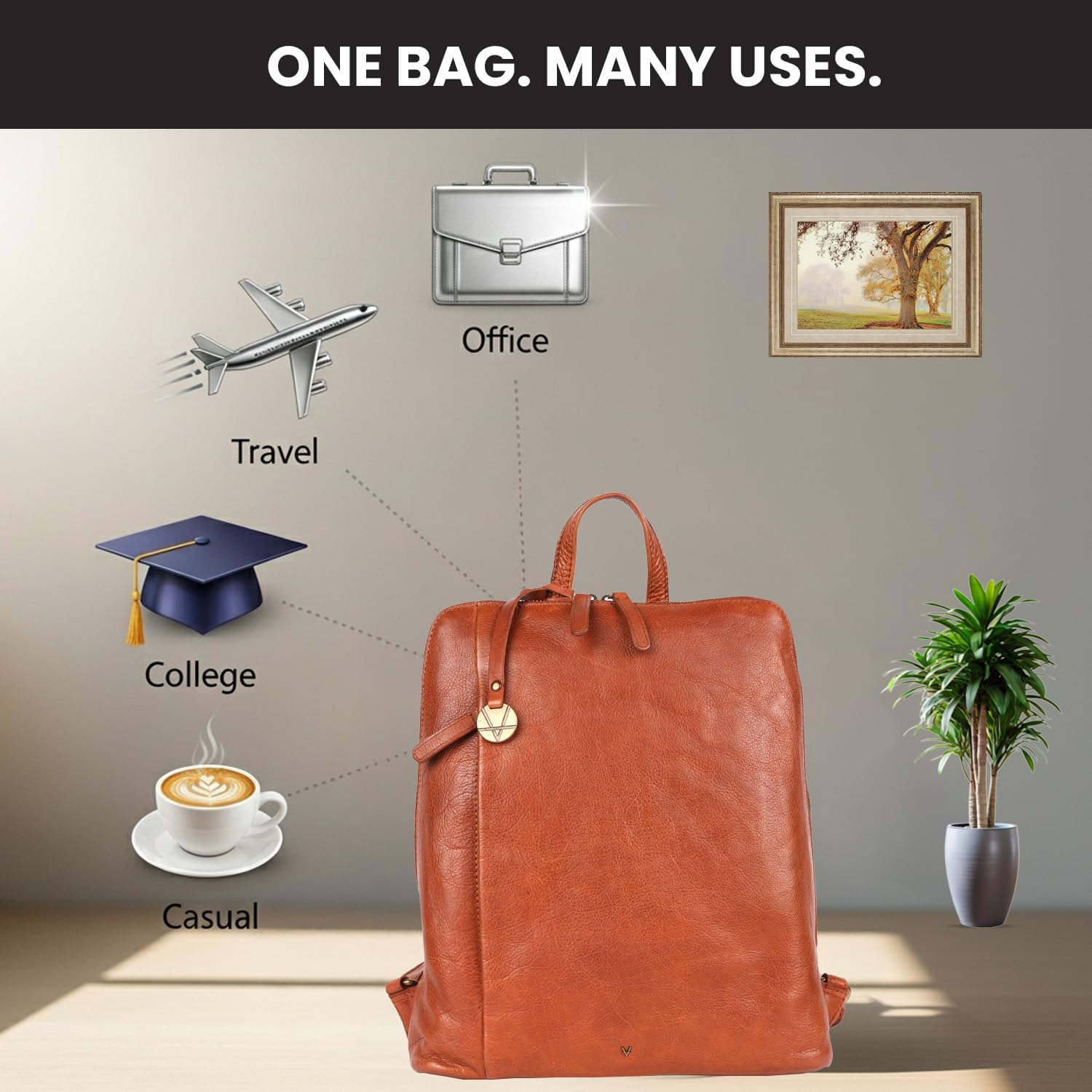 14.5 Inch Genuine Leather Backpack for Women and Men, Cognac Leather Backpack with Adjustable Shoulder Strap - Image 6