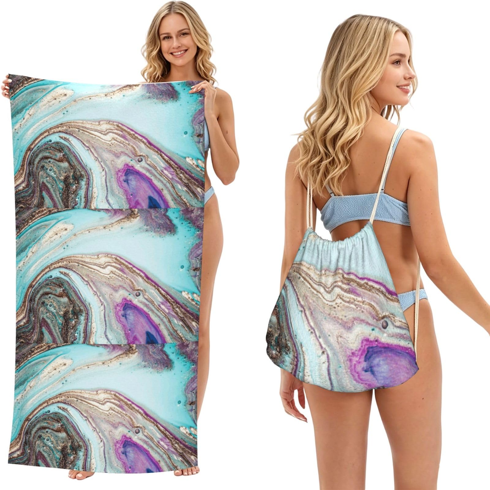 Poadnly As Picture Rainbow Agate Geode Rock, 2 In 1 Packable Towel Bag, Beach Towels With Drawstring Backpack For Travel Holiday Camping