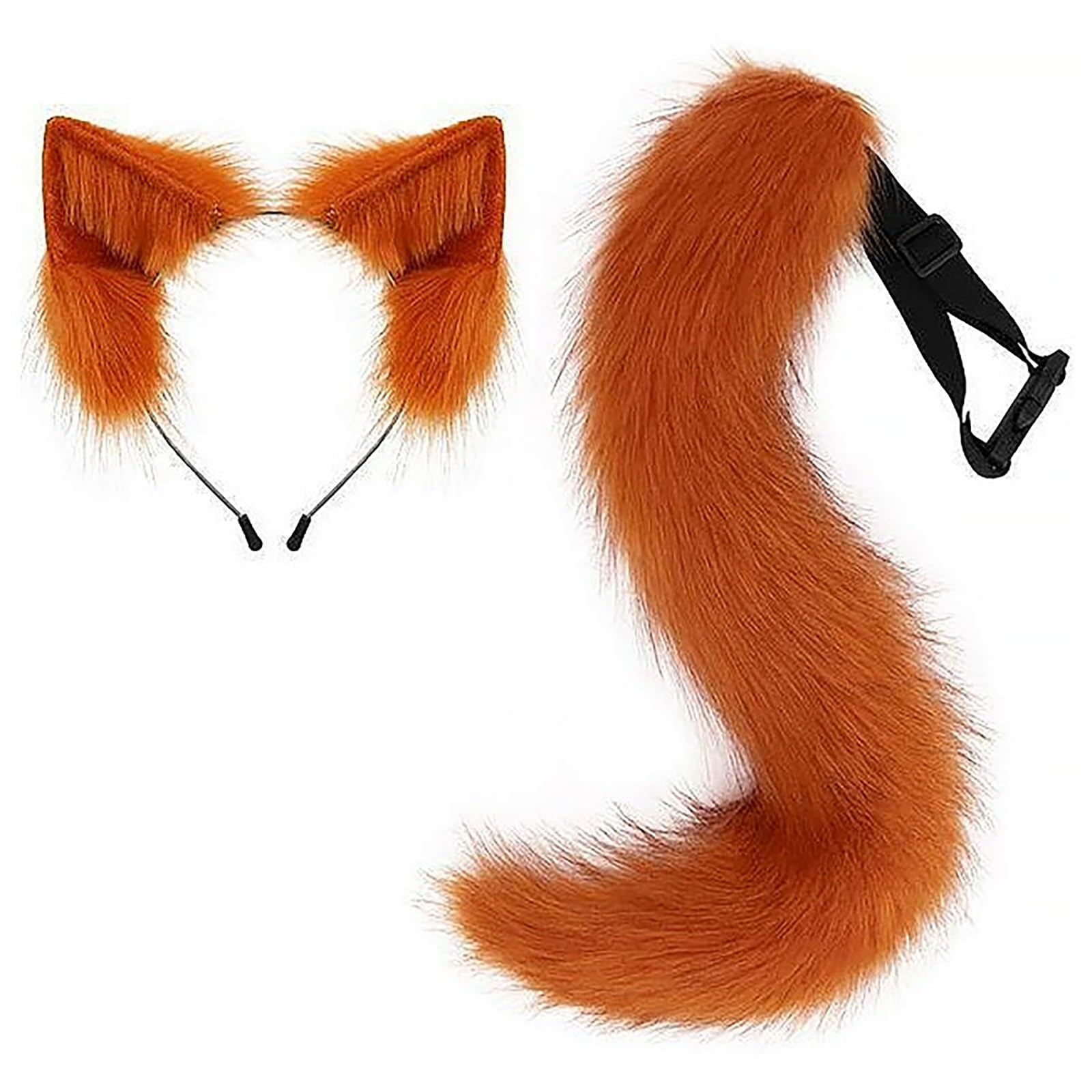 Moyubath Cat Ears Headband Wolf Fox Tail Set Handmade Animal Cosplay Costume Faux Fur Headdress Party Accessories (Reddish Orange)
