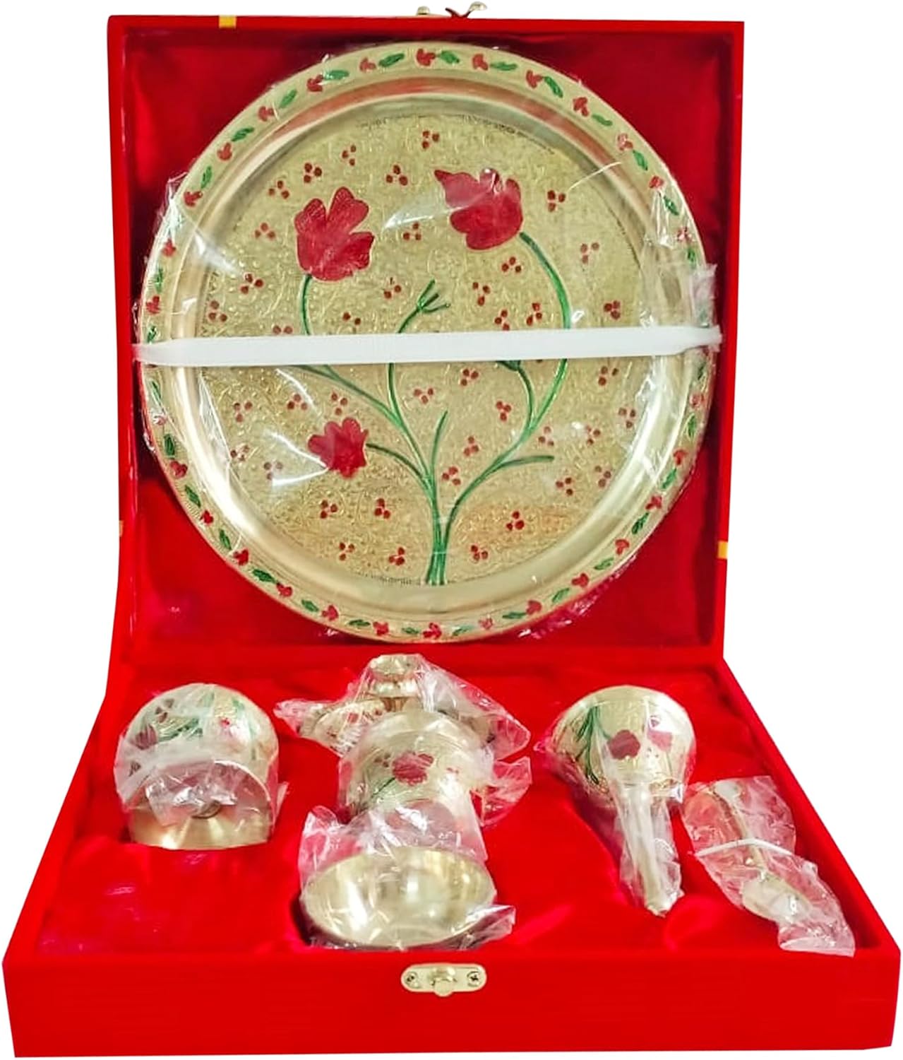 Indian Golden Pooja Thali with Velvet Box 10 Inch Handcrafted Brass Puja Thali Set of 7 Pcs Festival Meenakari Arti Thali