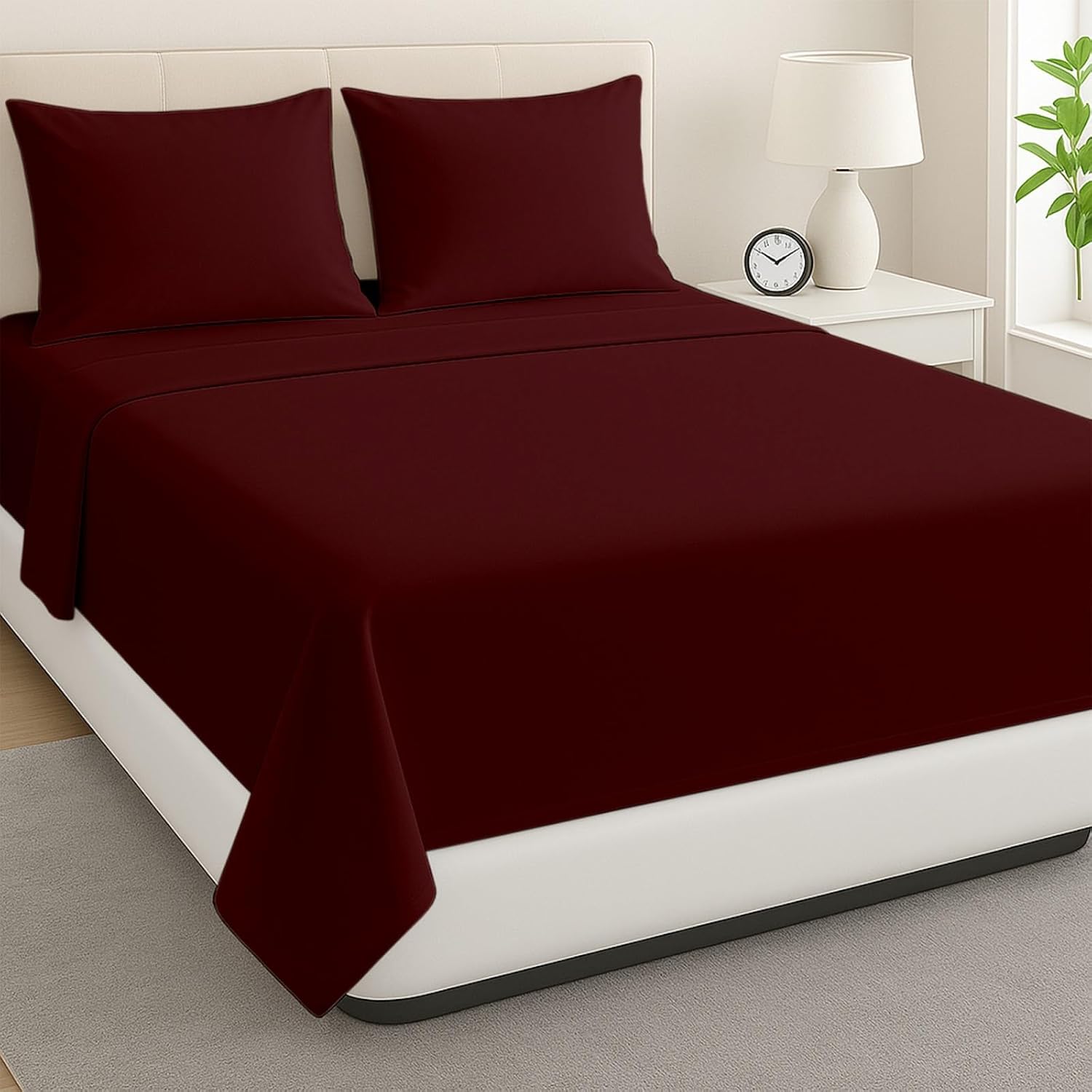 ARlinen Queen Waterbed Sheet Set - 4 Piece, 100% Cotton, 12 Inch Deep Pockets, Attached Design, Extra Soft Solid Burgundy Bed Sheets