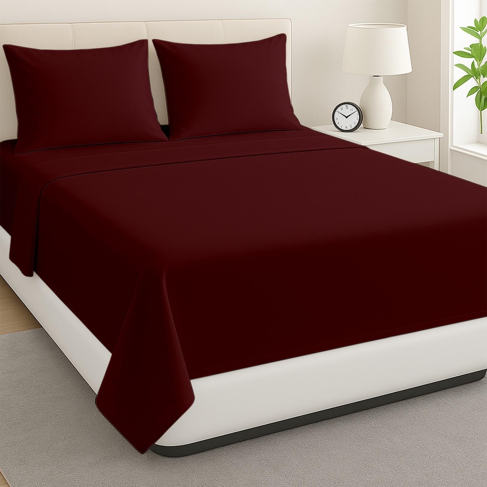 ARlinen Queen Waterbed Sheet Set - 4 Piece, 100% Cotton, 18 Inch Deep Pockets, Attached Design, Extra Soft Solid Burgundy Bed Sheets