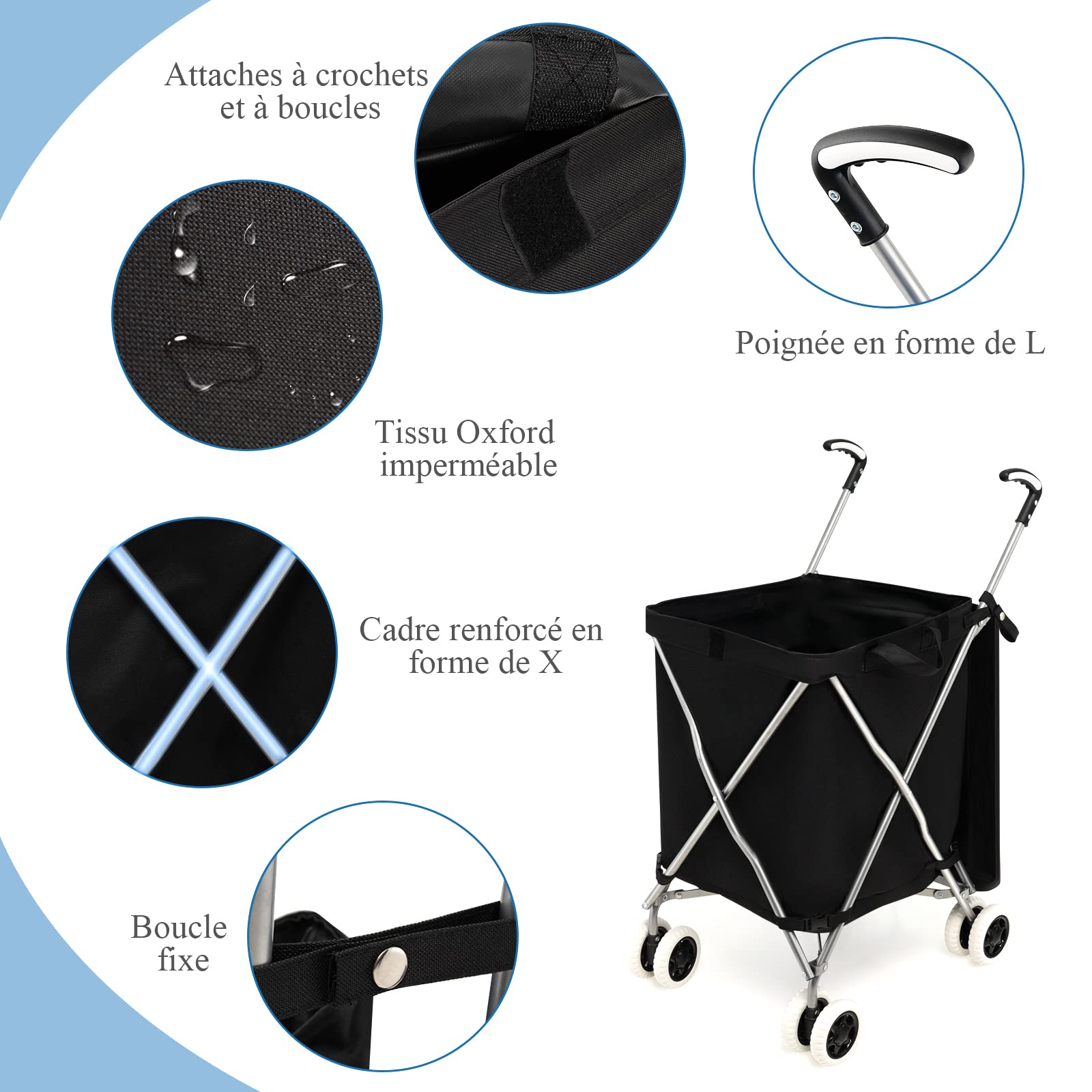 COSTWAY Chariot de Courses Pliable 90 L Sac Oxford Amovible Impermeable et 2 Roues Freinage, Caddie Marché Structure en Acier en Forme de X, Charge 54 kg (Noir)