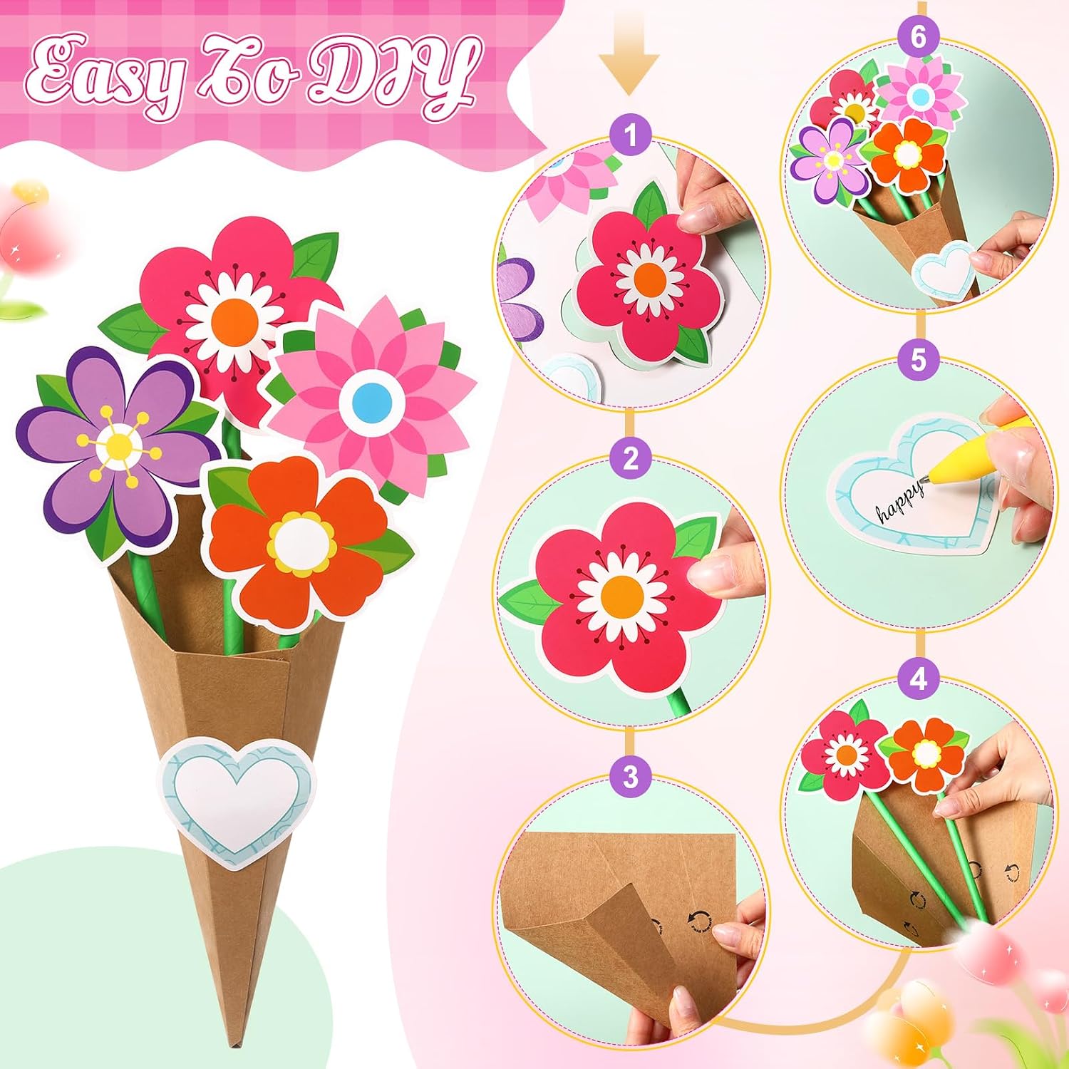 Kosiz 24 Sets Mothers Day Crafts for Kids DIY Flower Bouquet Crafts Make Your Own Flower Bunch Gifts for Mother's Day School Classroom Home Fun DIY Art Activities Party Supplies(Retro)