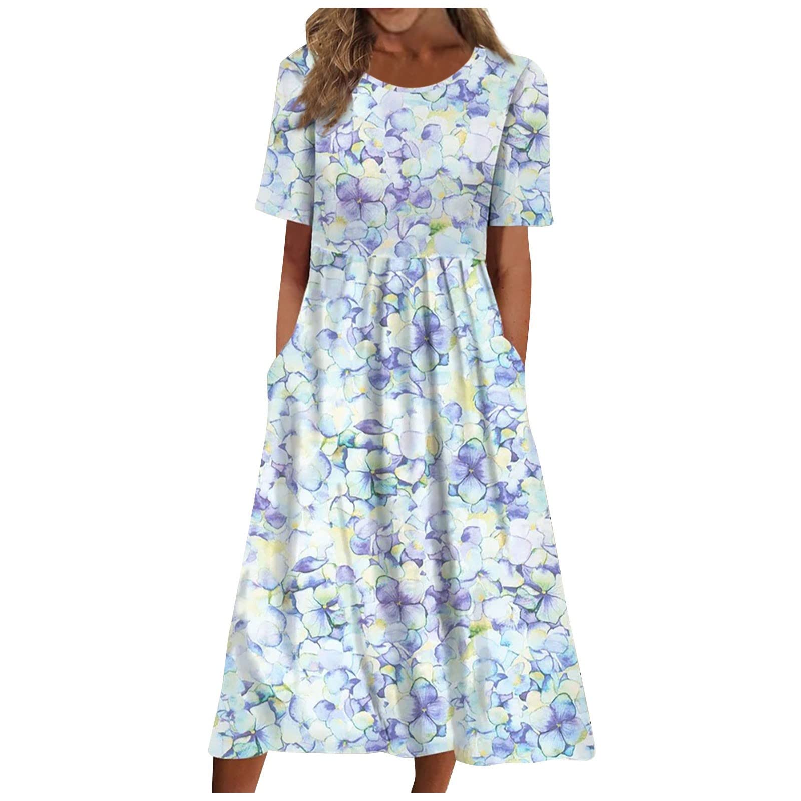 Below The Knee Short Sleeve Cover Up Ladies Dressy Classic Summer Soft Graphic Cotton Dress for Women.