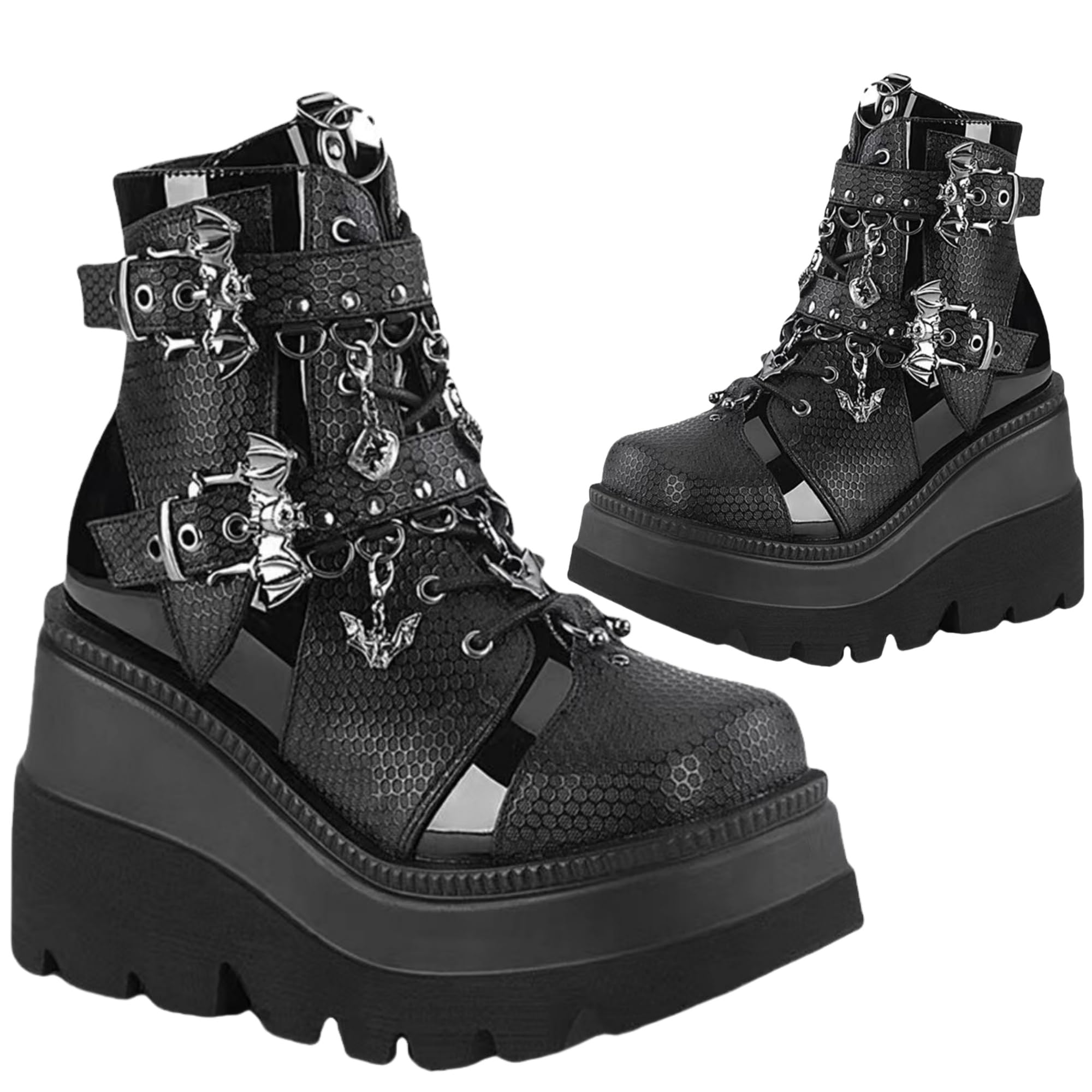 Womens Goth Platform Boots Chunky High Heel Booties Round Toe Combat Ankle Boots Womens Lace Up Motorcycle Wedges