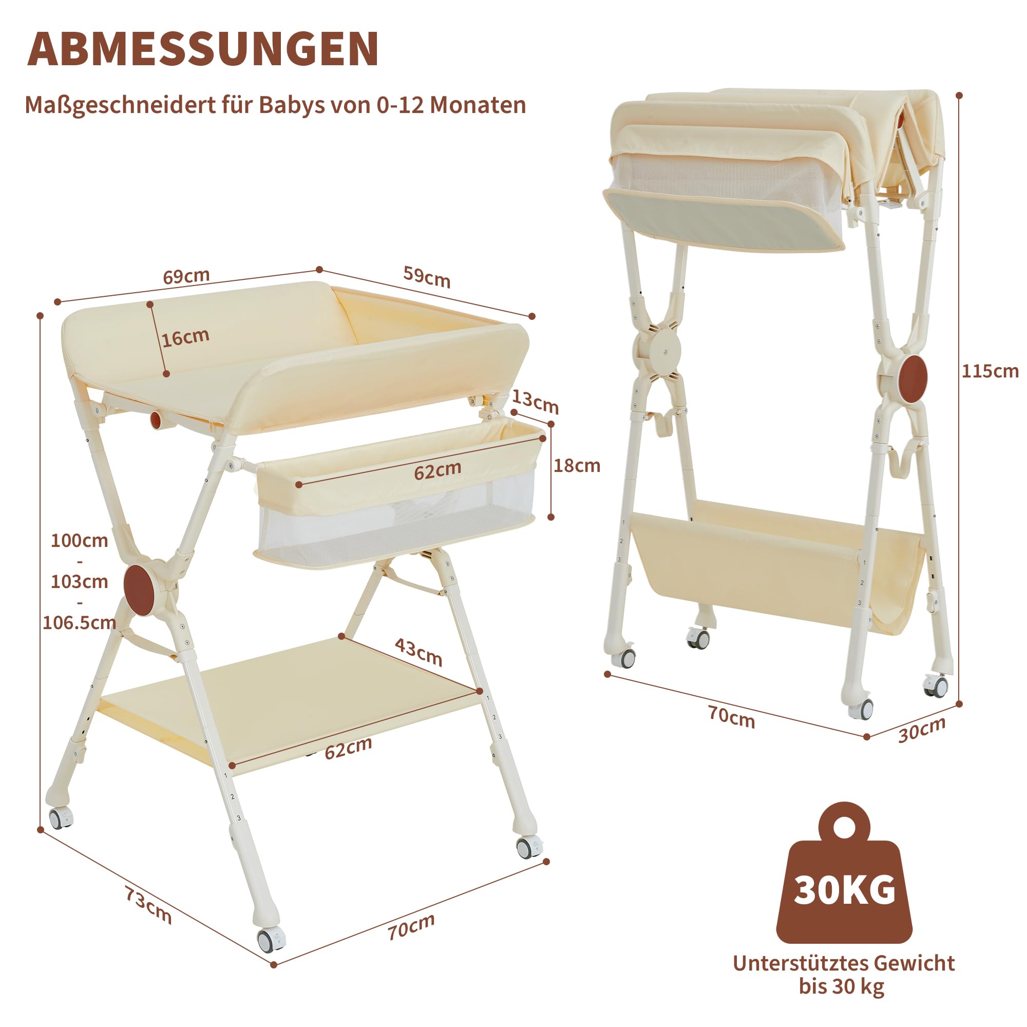 Aptliton Cambiador de bebé 69 x 68,8 x 107 cm, cambiador plegable de hierro y tela con cinturón de seguridad, cuatro ruedas con frenos y cesta lateral, altura ajustable para recién nacidos, B