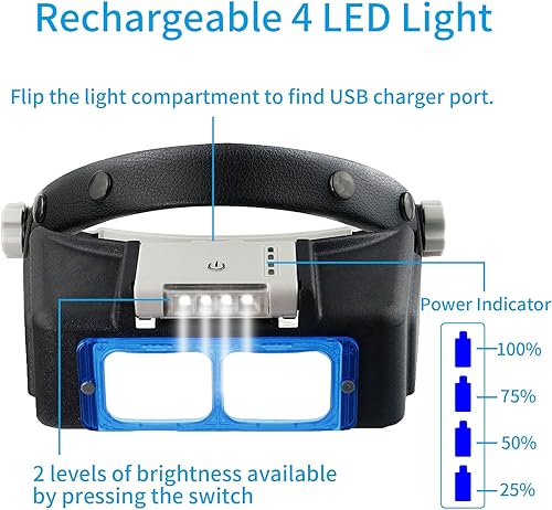 Miniatura 2 de Beileshi Lupa recargable con montaje en la cabeza y luz LED, lupa de doble lente con diadema iluminada para lectura, joyería, visor óptico,