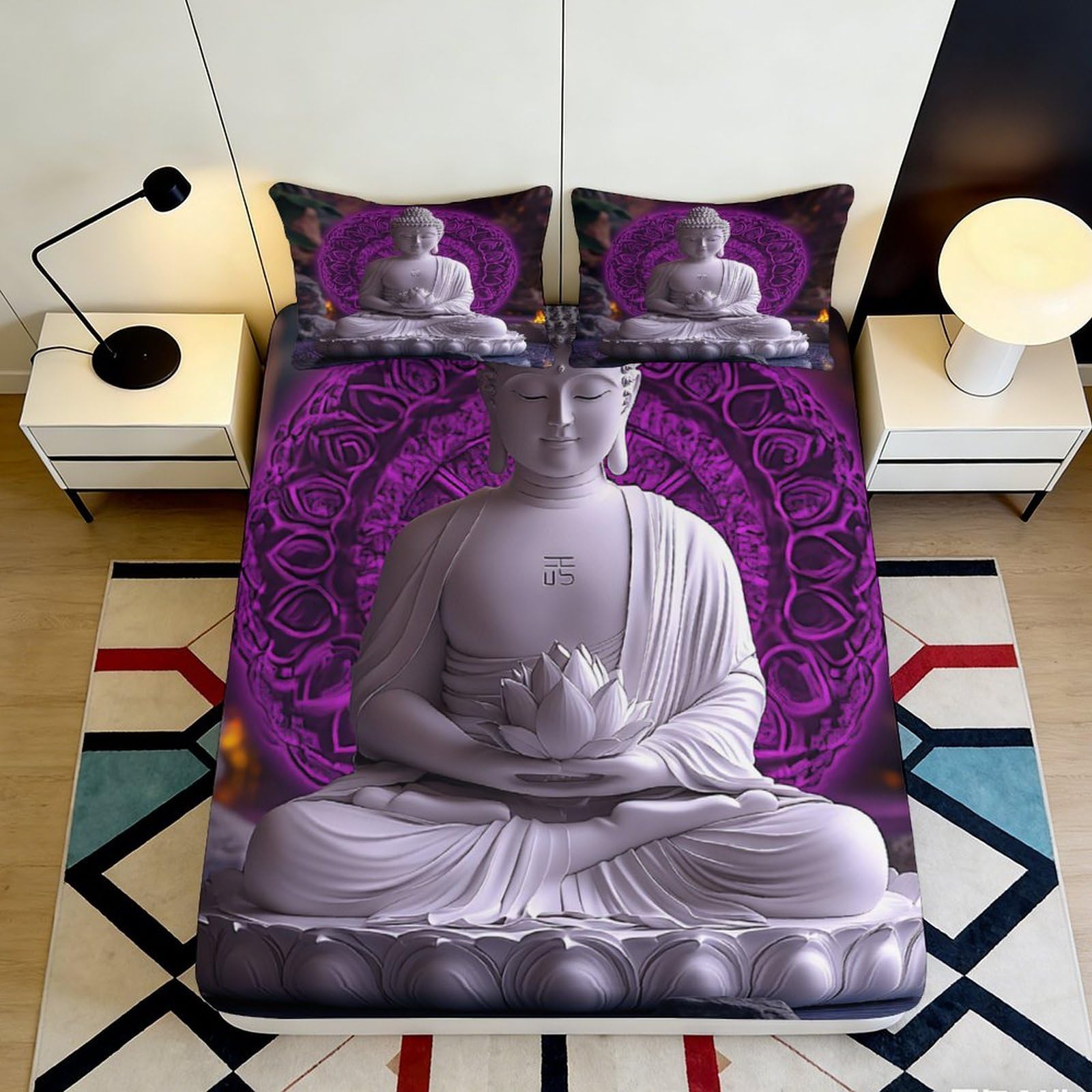 Jqzkxnhpbr Style-4 3D Printed Purple Buddha Mandala Fitted Sheet Microfiber Soft Non Slip Lotus Mattress Cover Bedroom Decor 90X200x25cm