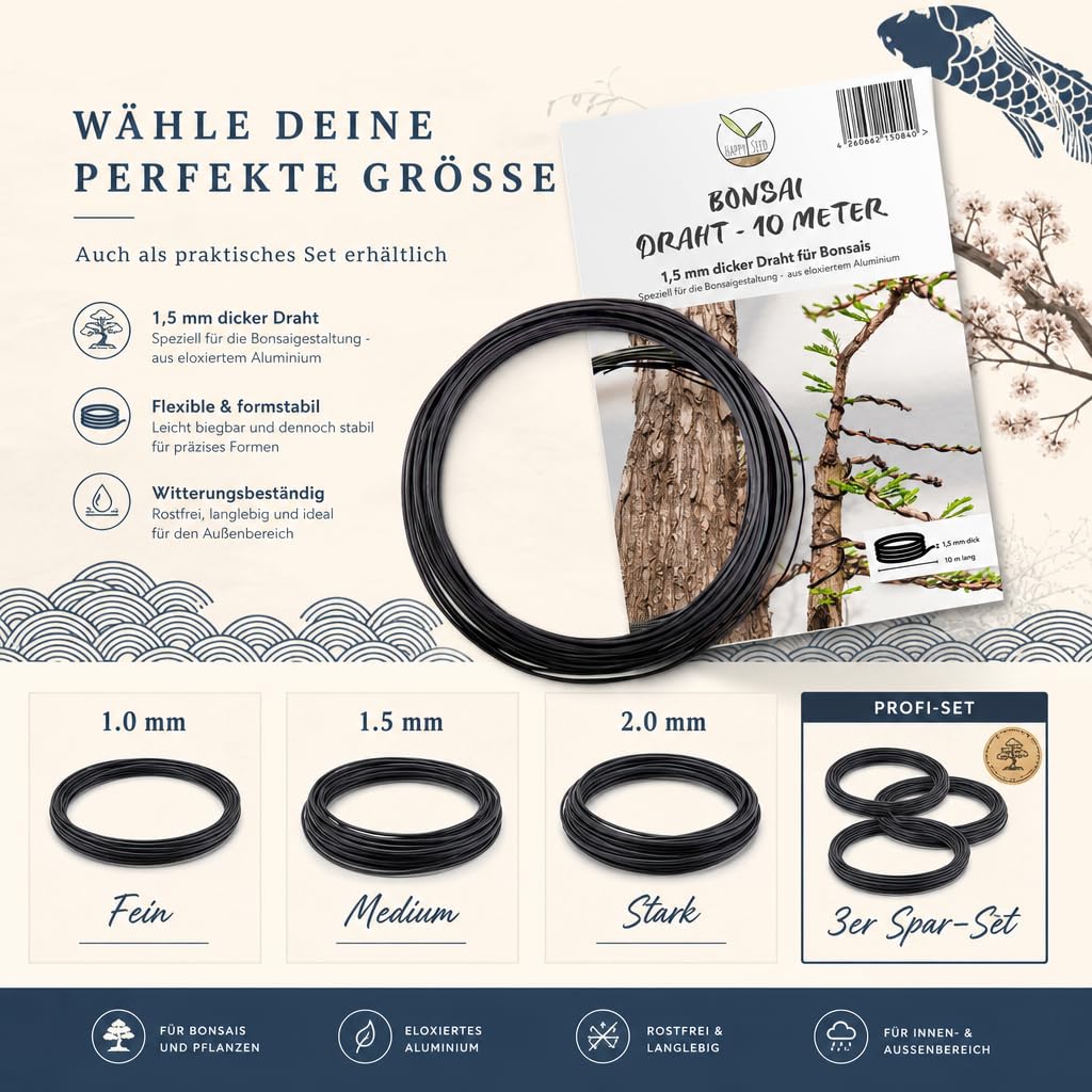HAPPY SEED 10 m Filo per Bonsai in Alluminio anodizzato, Nero - Essenziale per Ottenere la Forma Desiderata del Bonsai - Ideale per cablare Alberi e Piante (1,5 mm)