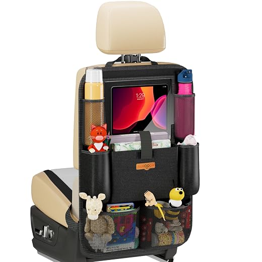 SURDOCA Upgraded Car Organizer with 11-inch Tablet Holder, 9 Pockets, Car Seat Protector for Road Trips - Car Storage and Organizers for Kids, 1 Pack