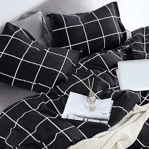 Miniatura 6 de Sleep Zone Funda de edredón con estampado de cuadrícula tamaño queen con cierre de cremallera y 8 lazos en las esquinas, juego de funda de edredón