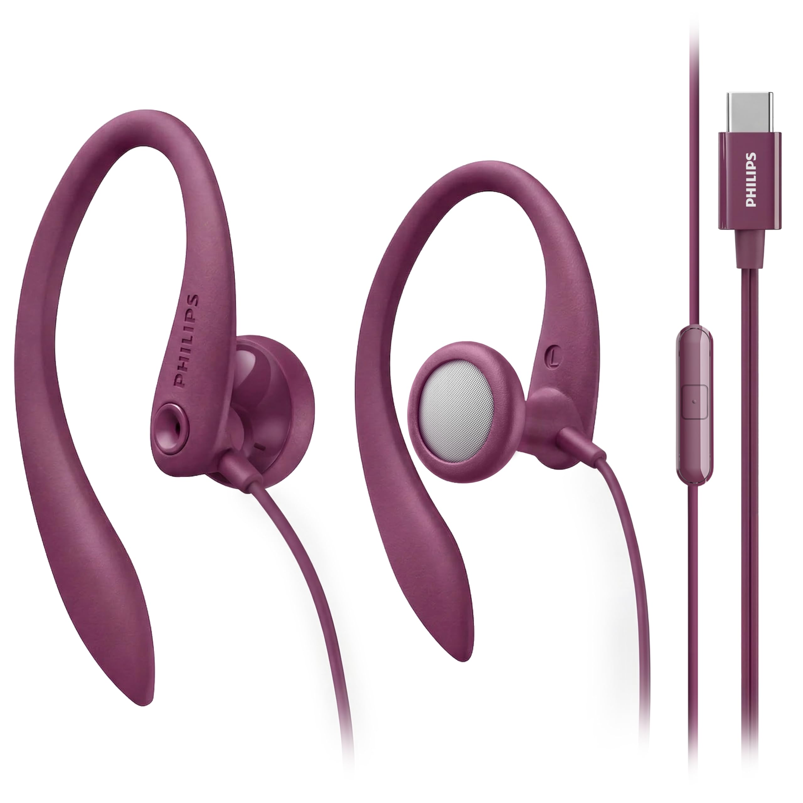 Philips Wired Ear Hook with Microphone, Secure Fit Over-Ear Sport Earbuds, Deep Bass 15mm Drivers, in-Line Controls, Plug-and-Play Earphones (Pink, USB-C with MIC)-image-43