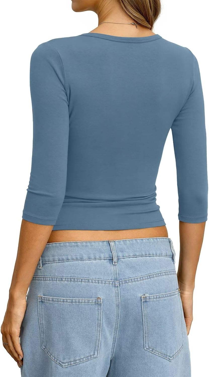 Womens Cotton 3/4 Length Sleeve Henley Tops Slim Fit V Neck T Shirts Basic Going Out Tee Summer Trendy Outfits - Image 5