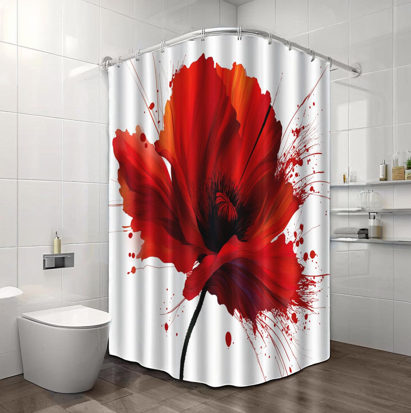 Rote Mohnblume Duschvorhang 240x200cm,Aquarell Blumen Rot Bad Waschbar Duschvorhänge Polyester Textil Wasserdicht Badevorhang für Badewanne mit 12 Haken
