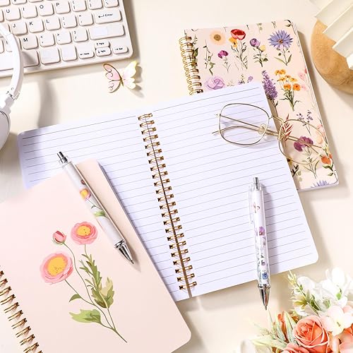 Miniatura 6 de Paquete de 6 cuadernos florales en espiral, diseño de flores silvestres, bonitos cuadernos estéticos de tapa dura a rayas con bolígrafos para