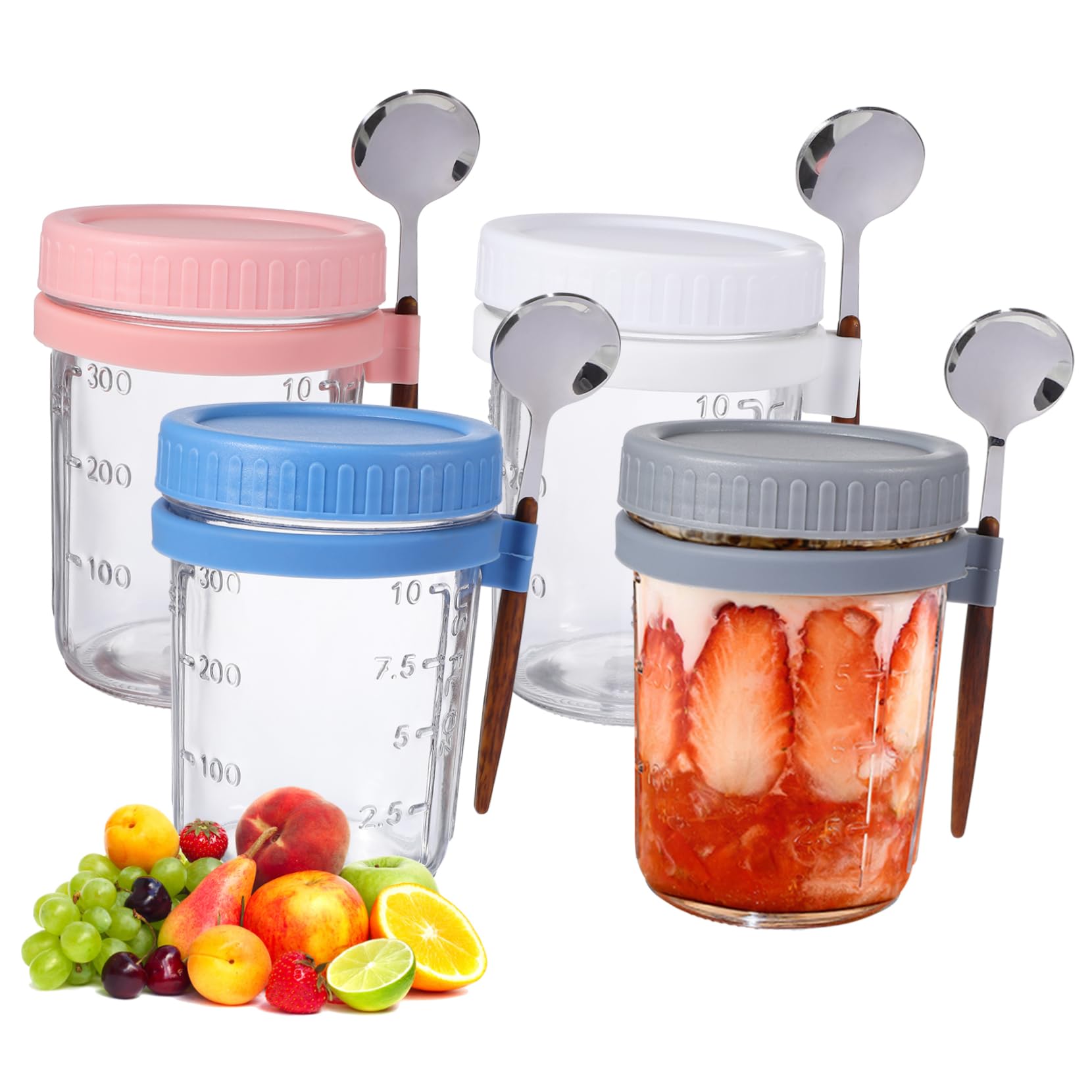 Frascos de Vidrio 400ml con Tapa y Cuchara, Juego de 4 | Boca Grande, Marcas de Medición Visibles, Silicona Cierre, Uso en Cocina y Oficina