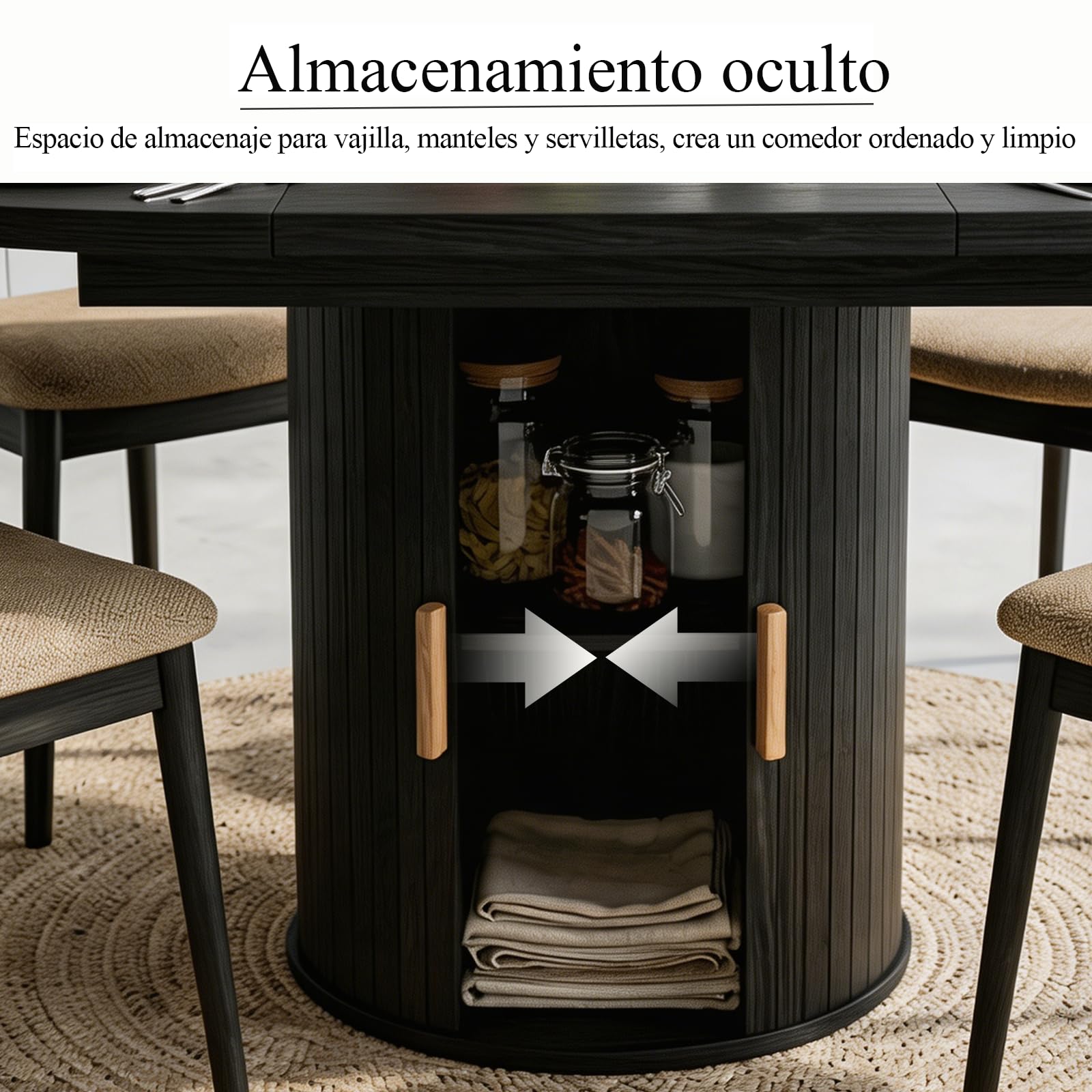 Mesa de comedor redonda extensible - de redonda a ovalada | Mesa de comedor moderna con base cilíndrica, mesa de cocina de madera para 4-6 personas, color negro (solo mesa)