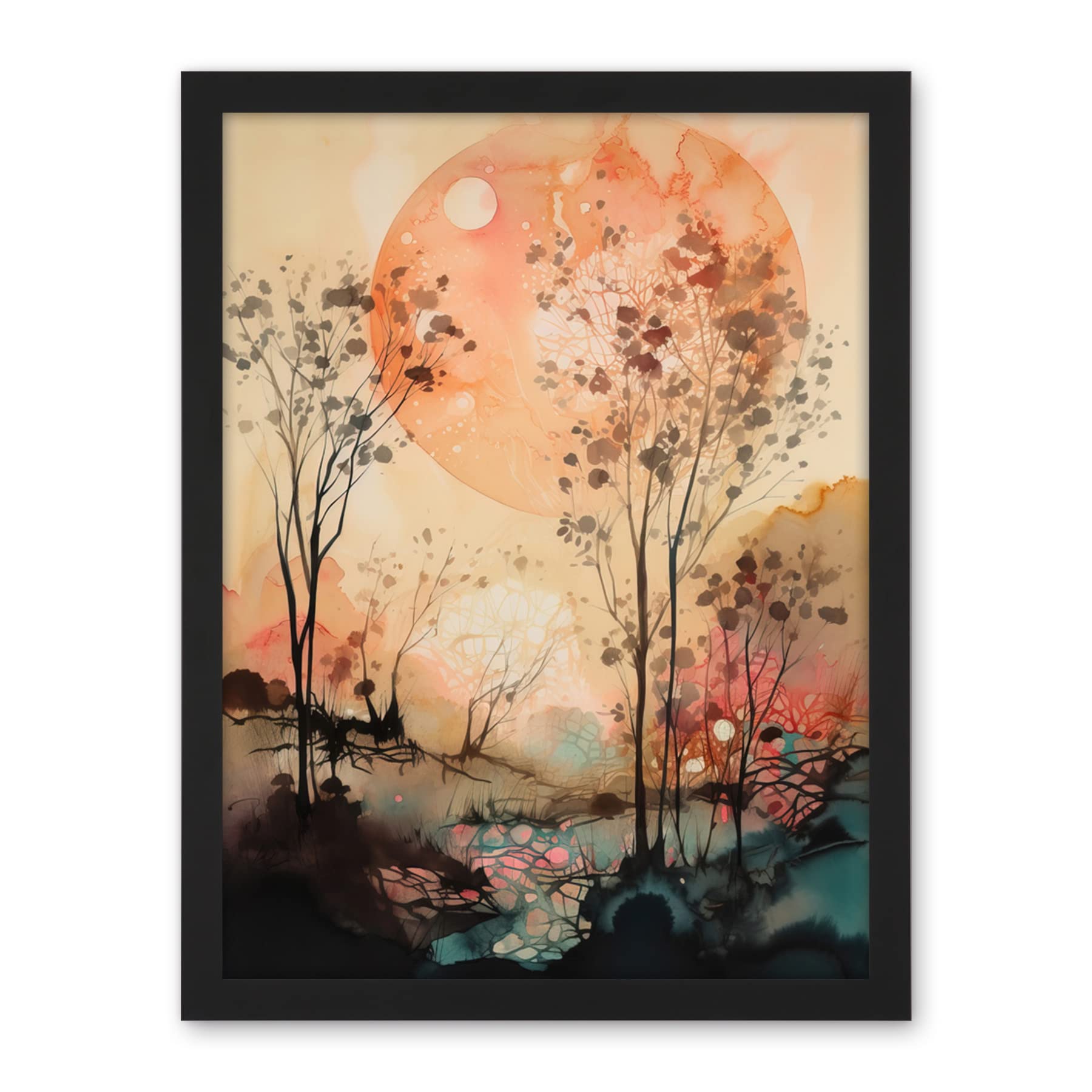 Artery8 Misty Riverside Trees Sunset Landscape Modern Boho Watercolour Painting Artwork Framed Wall Art Print 18X24 Inch