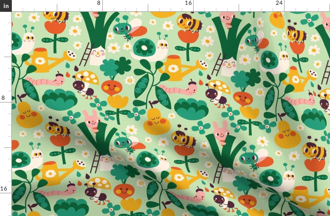Spoonflower Fabric - Garden Vegetable Flowers Plant Fruit Plants Insects Kawaii Printed on Organic Cotton Sateen Fabric by The Yard - Sewing Quilting Apparel Home Decor