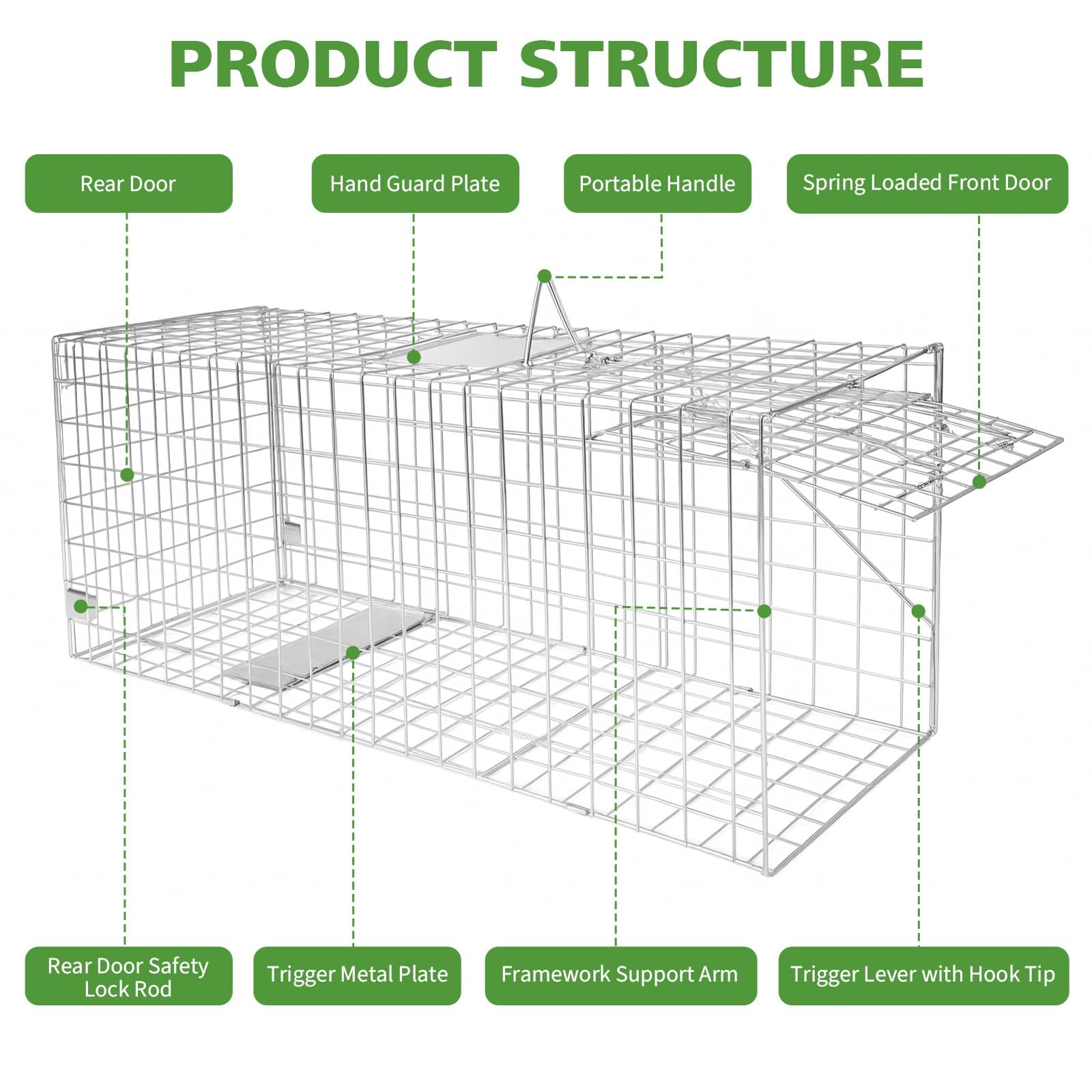 Humane Live Animal Trap Cage, 43" ×16" ×17.7" Collapsible Heavy Duty Raccoon Trap Animal Cage, Easy to Set and Release Live Trap, for Dogs, Foxes, Coyotes, Raccoons and Similar-Sized Animals, Silver - 5