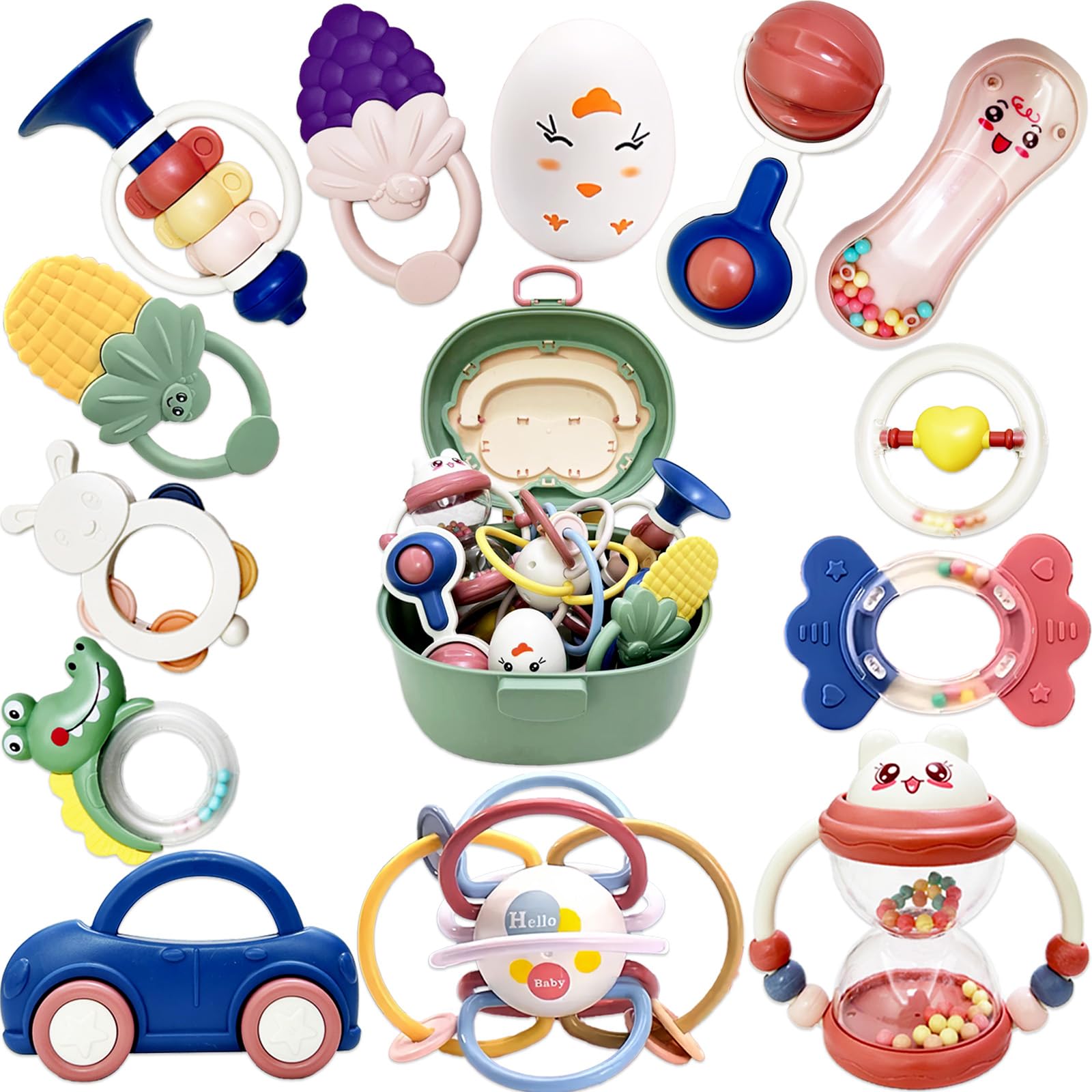 Sonajeros Bebes 0-12 Meses Juguetes 13 Piezas, Montessori Bebe Juguetes Sensoriales Juguetes Bebes 6-12 Meses Juguete Bebe, Regalos para Recién Nacidos con Cajas de Almacenamiento