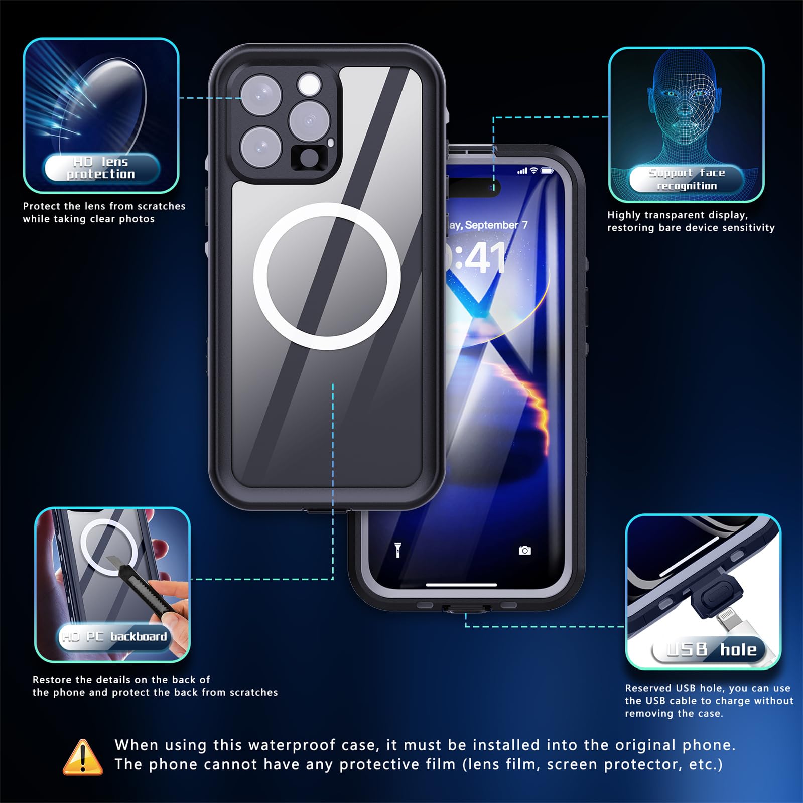 Funda impermeable para iPhone 16 Pro Max/16 Pro/16 Plus/16, compatible con MagSafe IP68 certificada bajo el agua, funda totalmente sellada con protector de pantalla integrado (negro, 16 Pro Max)