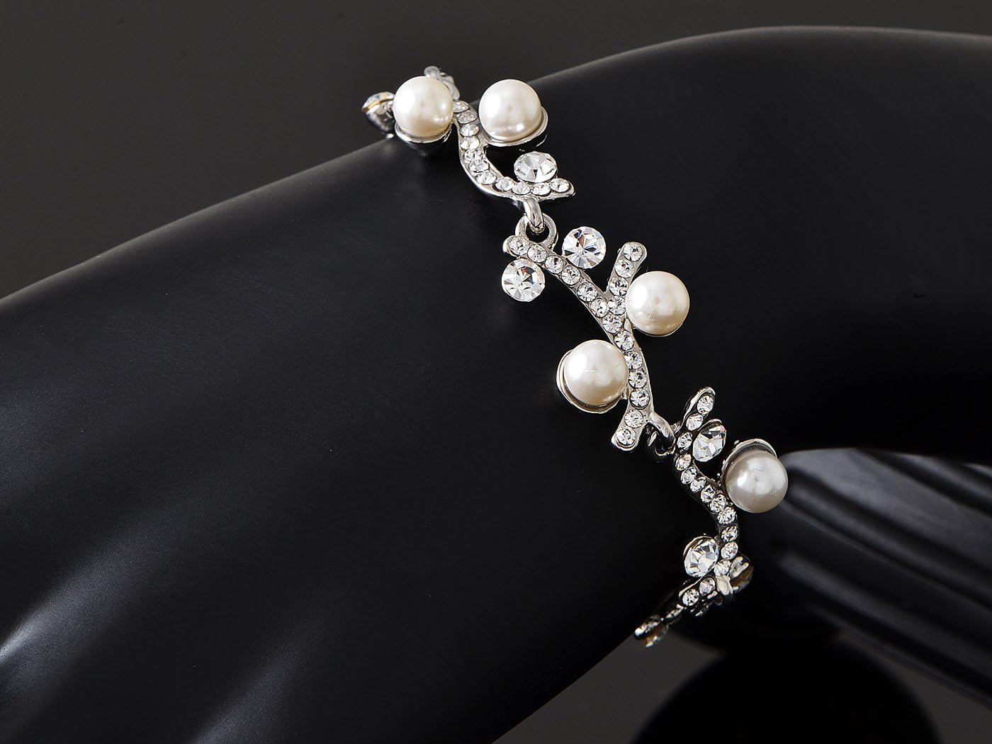 Alilang Silver Tone S-shape Faux Pearl Bead Clear Crystal Rhinestone Necklace Bracelet Earrings Jewelry Set