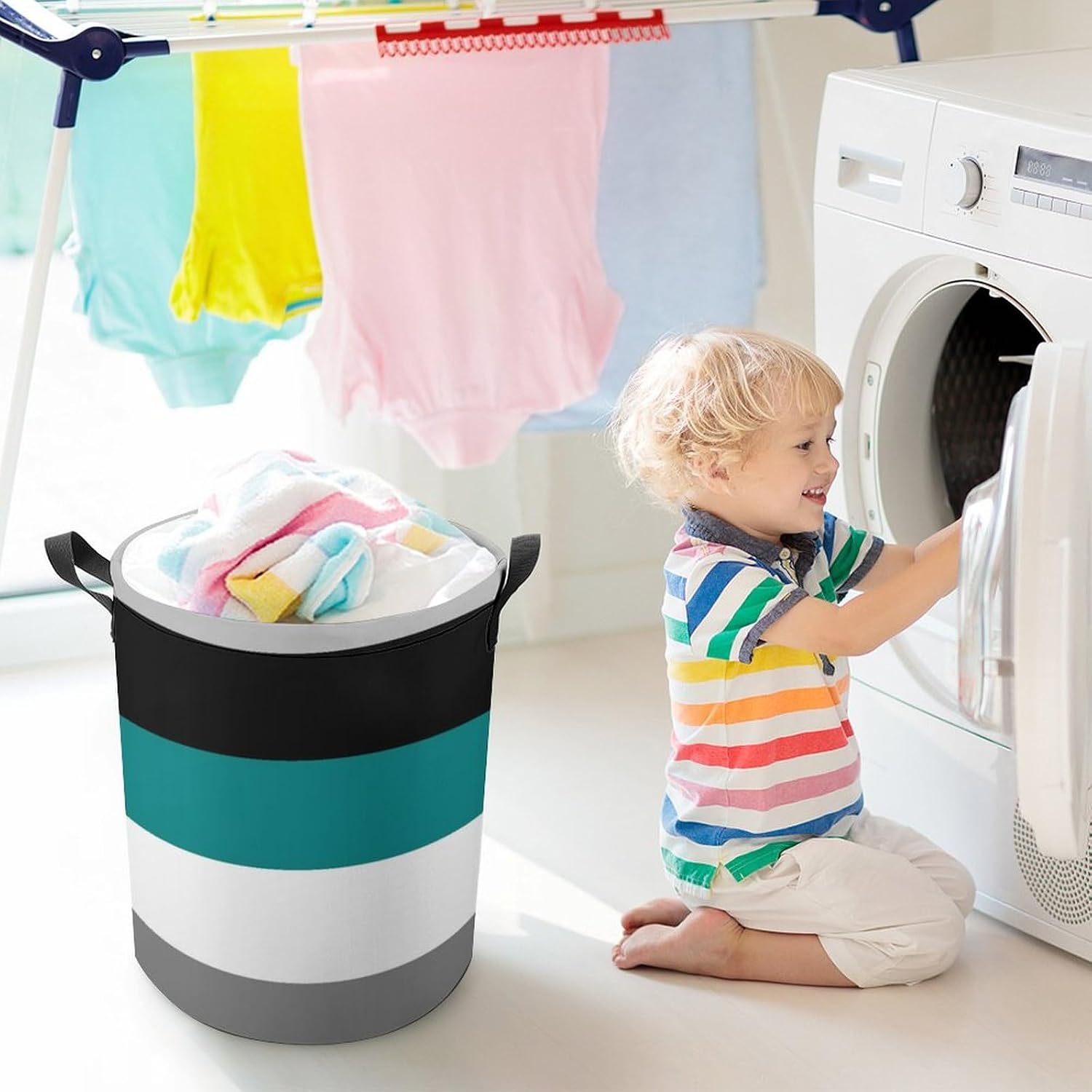 Large Laundry Hamper Bag, Teal, Gray, Black, and White Stripe Collapsible Laundry Basket with Drawstring Dirty Clothes Organizer Washing Bin for Family Essentials Storage