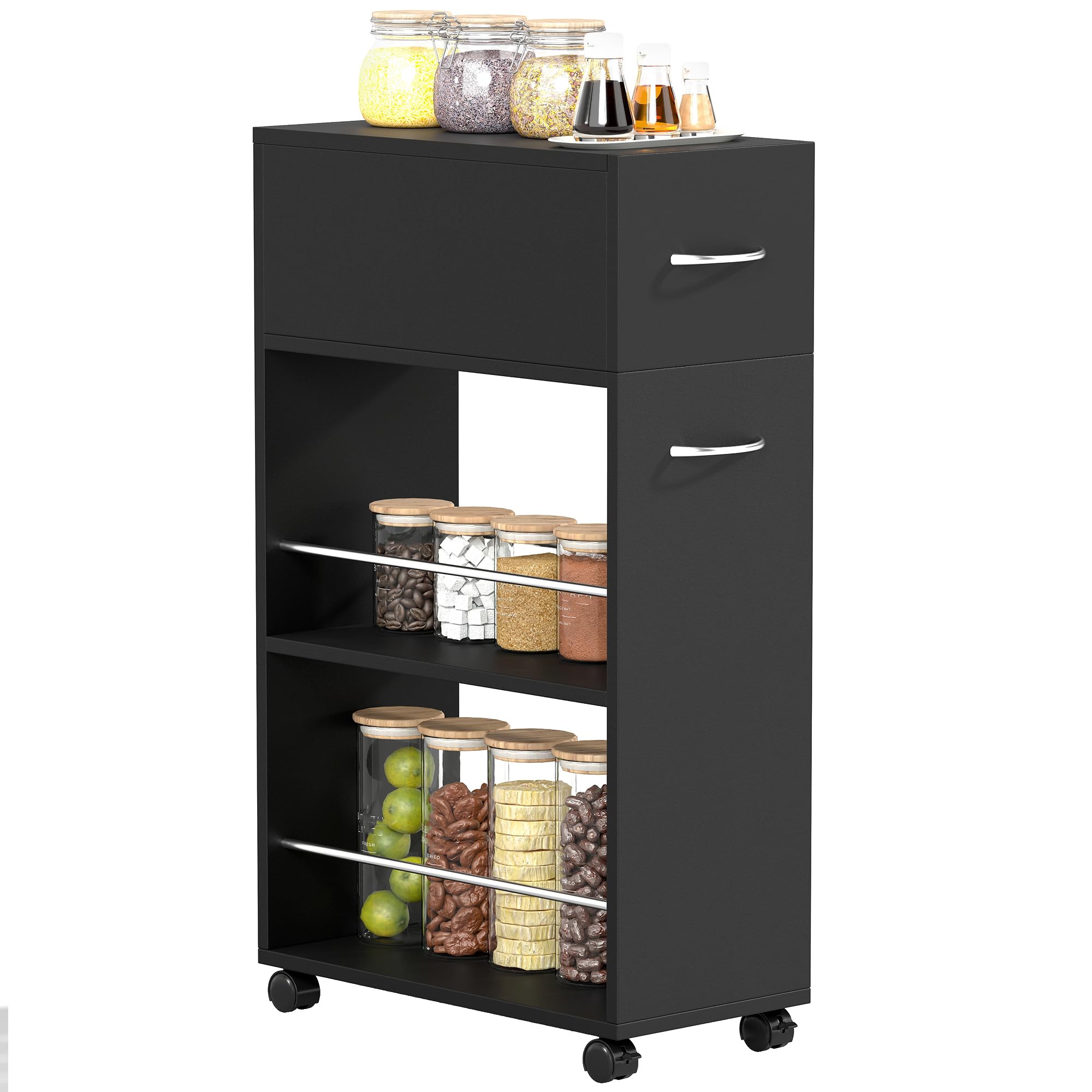 HOMCOM Chariot de Cuisine Desserte sur roulettes 25 x 50 x 85 cm Noir | 1 Tiroir, 2 Étagères Ouvertes, pour Salle à Manger, Salon, Salle de Bain, en Bois