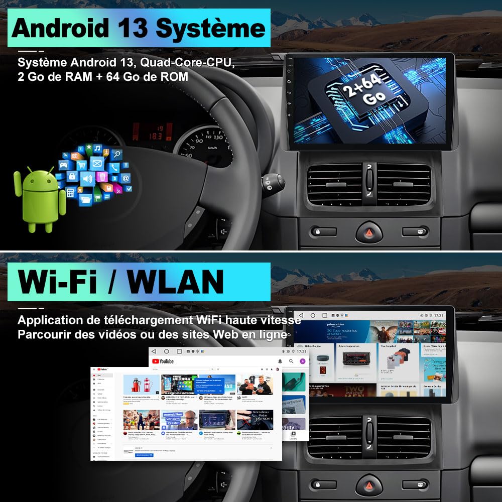 AWESAFE Autoradio pour Renault Clio 2 2000-2012/Clio Campus, 9 Pouces Écran Tactile 2Go+64Go avec CarPlay & Android Auto sans Fil, GPS WiFi Bluetooth FM/RDS DSP, Commandes au Volant