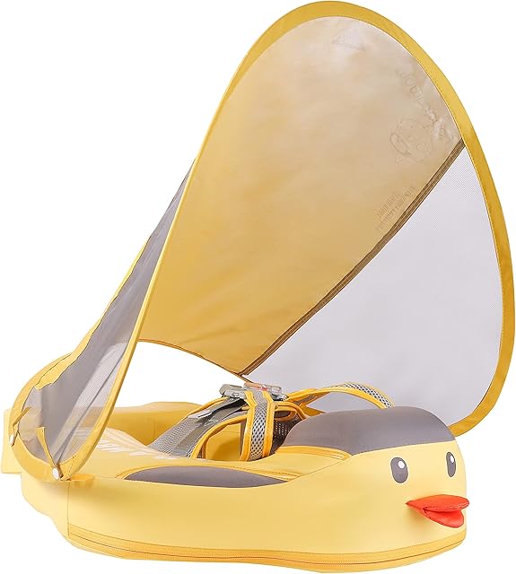 HECCEI Baby Swimming Float Add Tail Newest Mambobaby Pool Float with Canopy, Non-Inflatable Soft Waterproof Skin-Friendly Leather Material Toddler Swim Ring Age of 3-24months