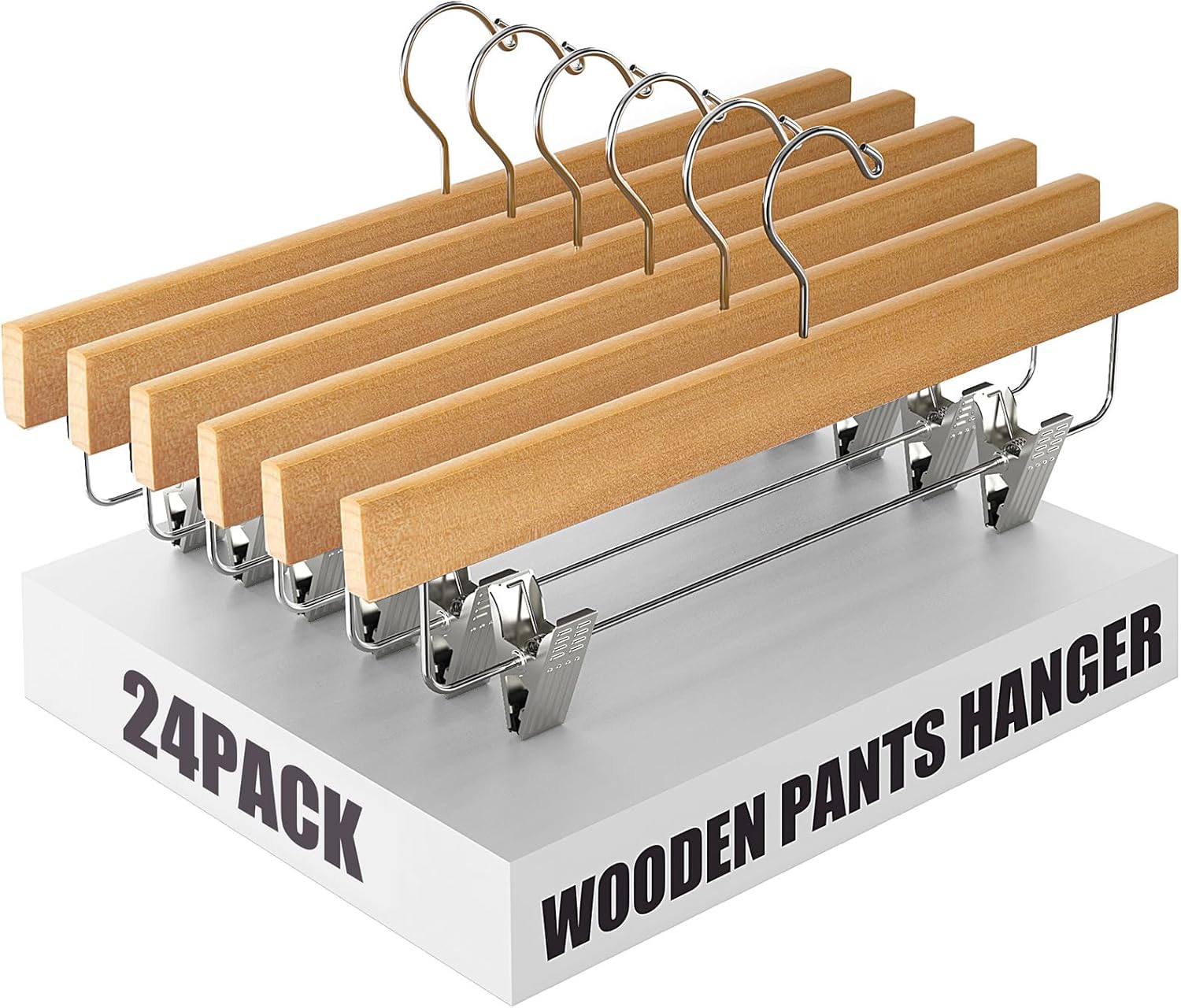 Pants Hangers 24 Pack,Solid Wooden Smooth Finish Pants Hangers Whit Clips,Skirt Hanger,Adjustable Heavy Duty Clips, Jean Hanger,for Shorts,Jeans,Slacks?Natural Natural 24